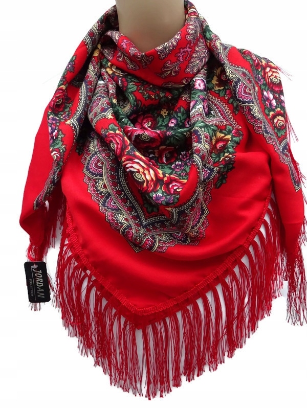 Chusta góralska ludowa folk damska czerwony z różem