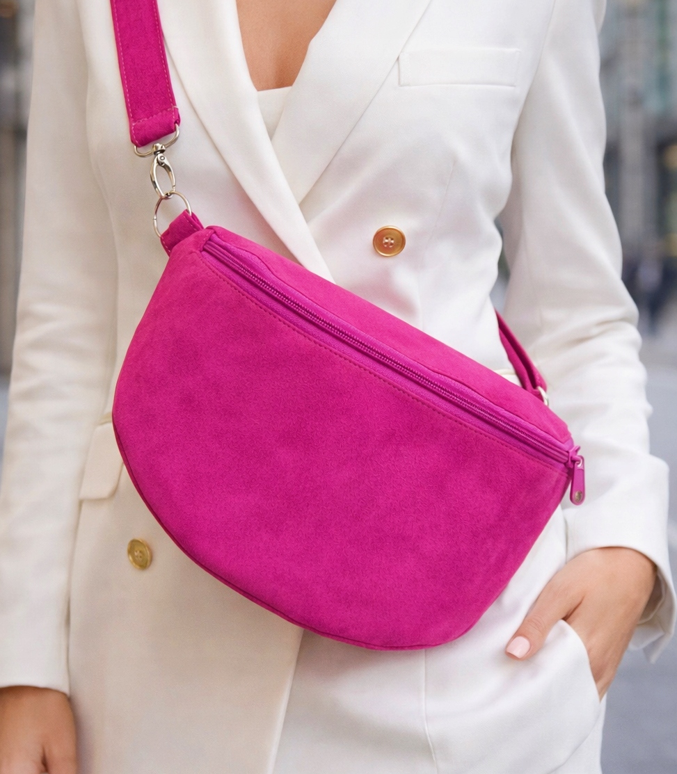 Fuksjowa nerka różowa z eko zamsz boho, na ramię fuksja persoanlizacja