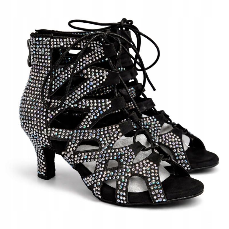Czarne buty taneczne damskie EU36 (22,5cm) kryształki sznurowane 7 cm