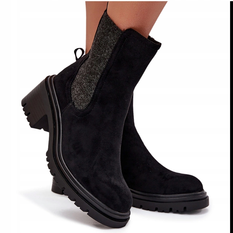 Kotníkové Boty Zateplené Podpatky Kostka Zip Eko Semiš Černé 36