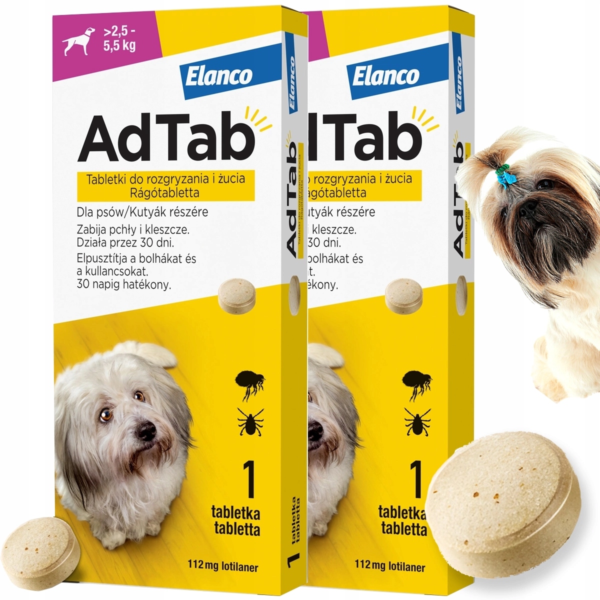 2 x Tabletka Adtab dla Psa do 5 Kg na Kleszcze Pasożyty 112 mg na 60 Dni