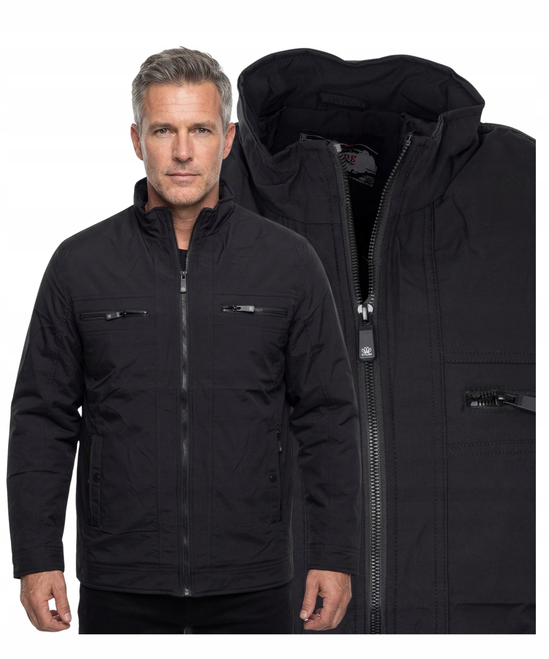 Kurtka męska Przejściowa kieszenie jesienna klasyczna Czarna 4XL