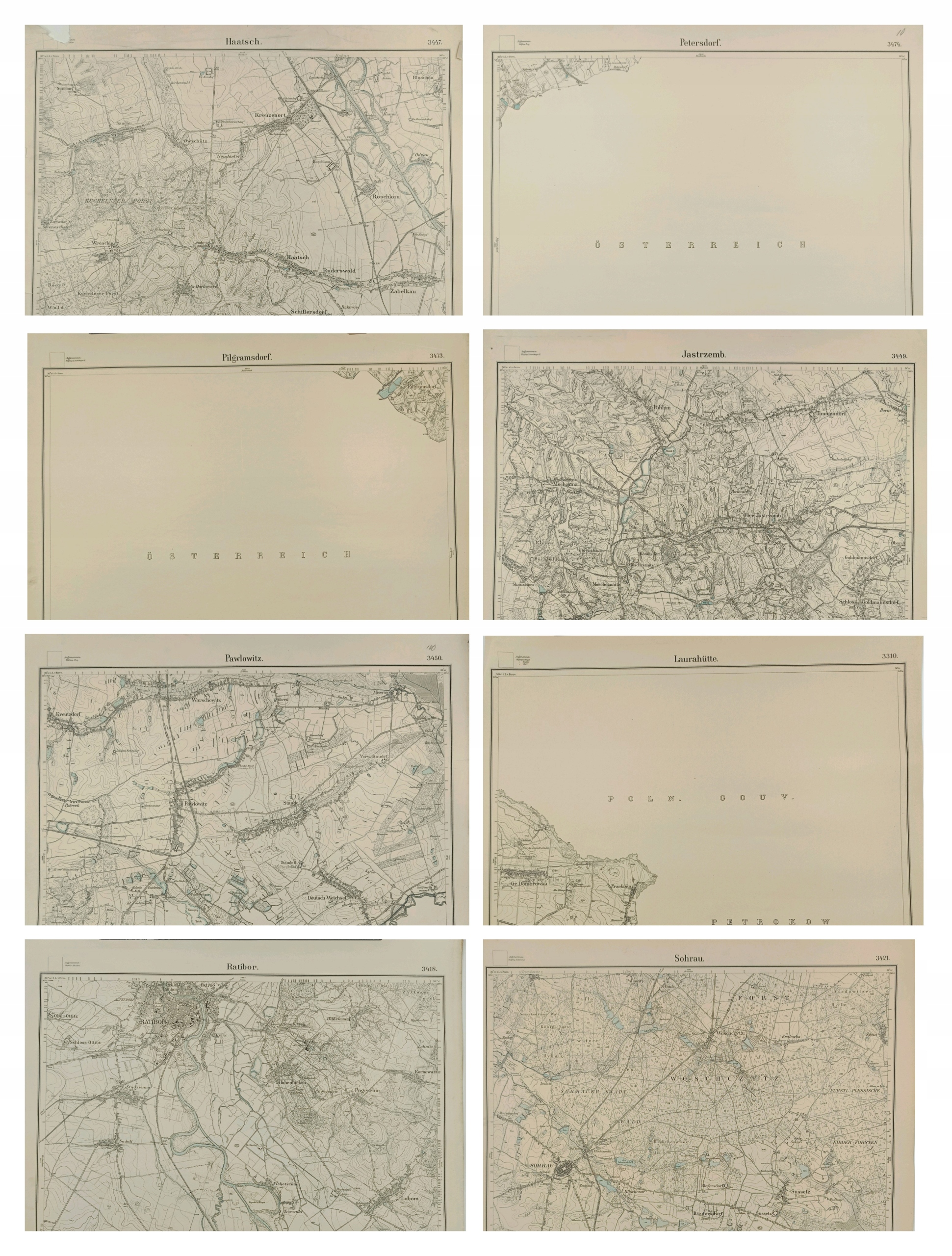 Zestaw 8 map pruskich z 1882 roku obejmujących Śląsk i różne jego powiaty