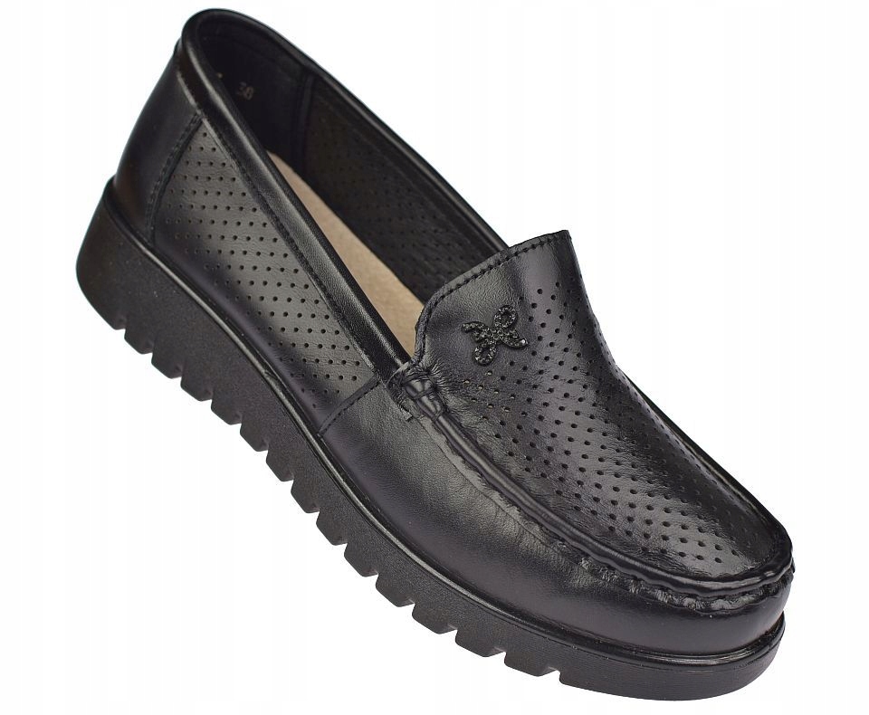 Dámské kožené mokasíny černé ažurové lehké 0697 letní polobotky vel 41