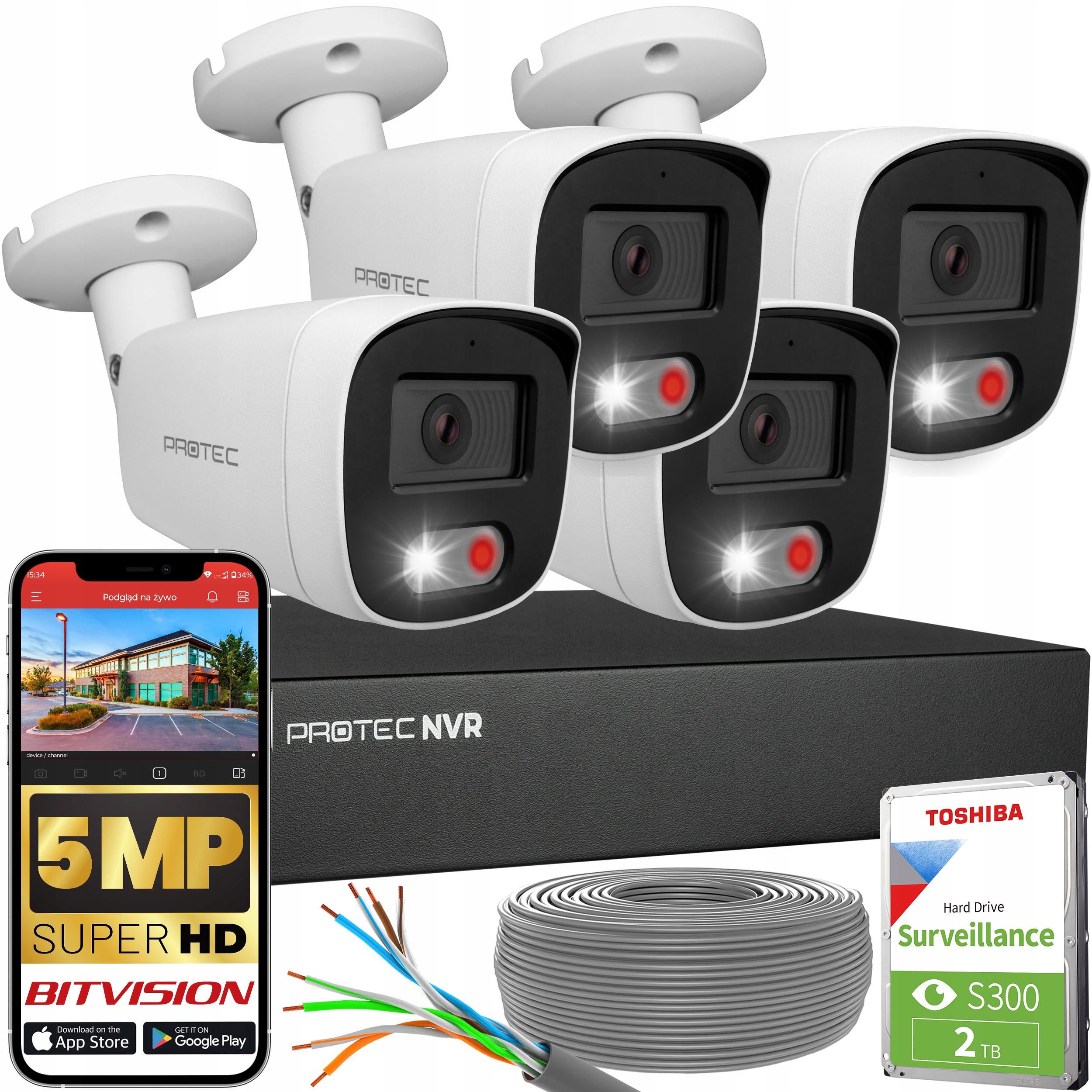 Sada pro monitorování 4 Ip kamer Poe 5Mpx externí Hdd disk 2TB detekce