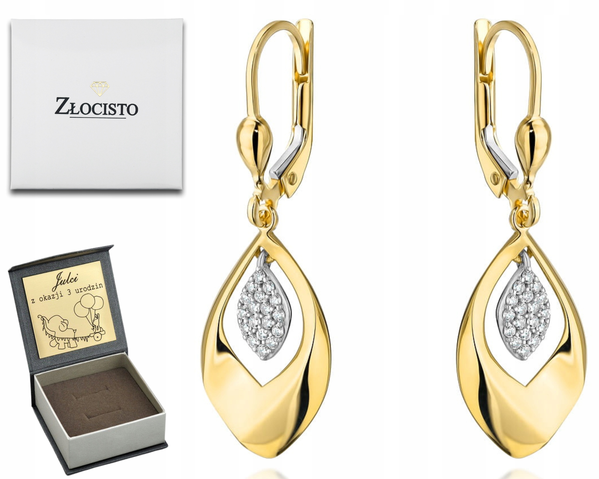 Zlaté Náušnice S Visícími Lístky A Zirkony Visícími Na Anglickém Zapínání