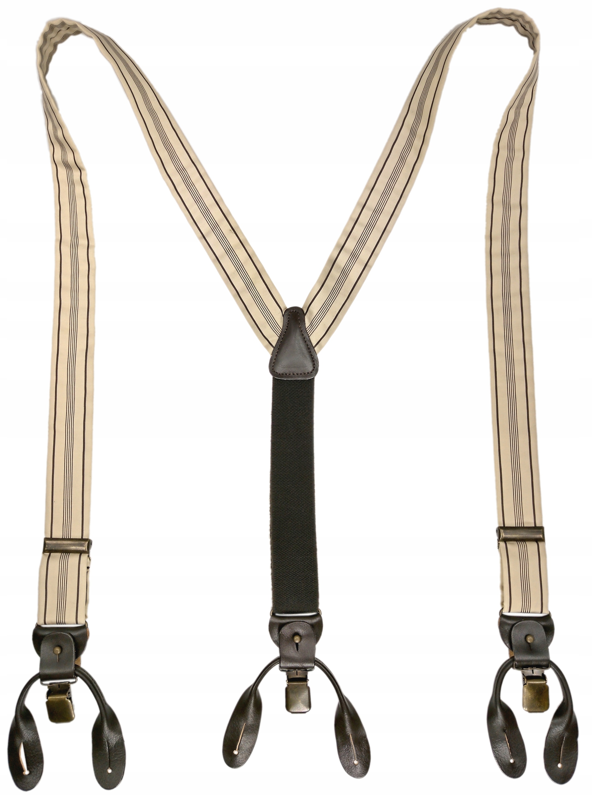 OUTLET Szelki ECRU + PASKI BRĄZ na guziki JEDWAB Wzór dominujący paski