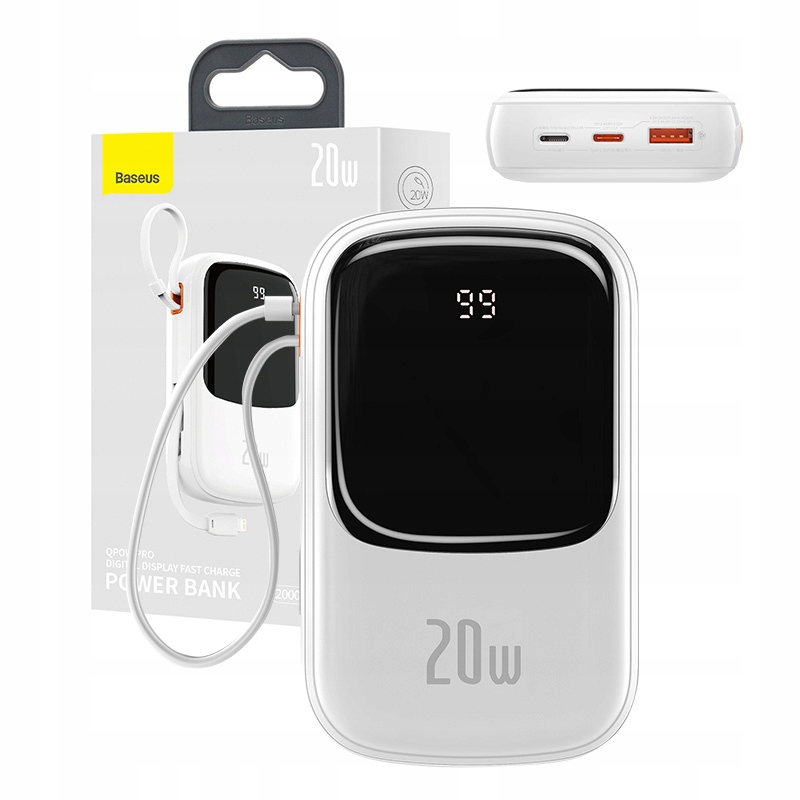 Szybki Powerbank Baseus Qpow Pro 20000mAh 20W Kabel Lightning Usb-c Biały