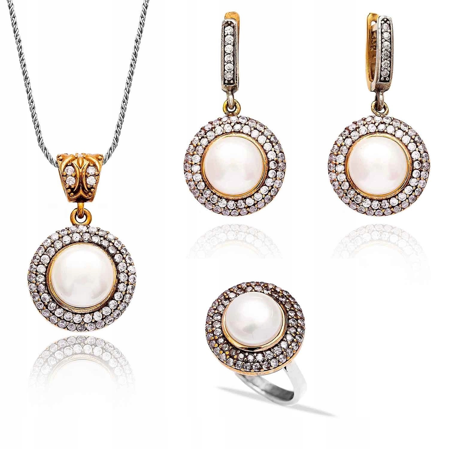 Komplet Stříbrných Šperků S Perlami A Zirkony, Elegantní A Krásný S Gravírováním