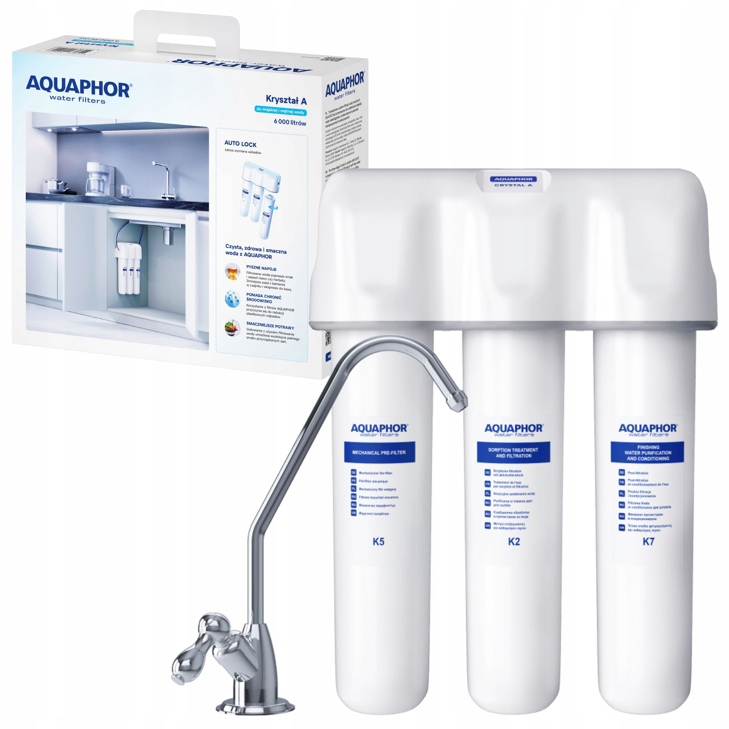 Kuchynský filter Aquaphor Kryštál A pod umývadlo, kohútik, 3 náplne K5 K2 K7