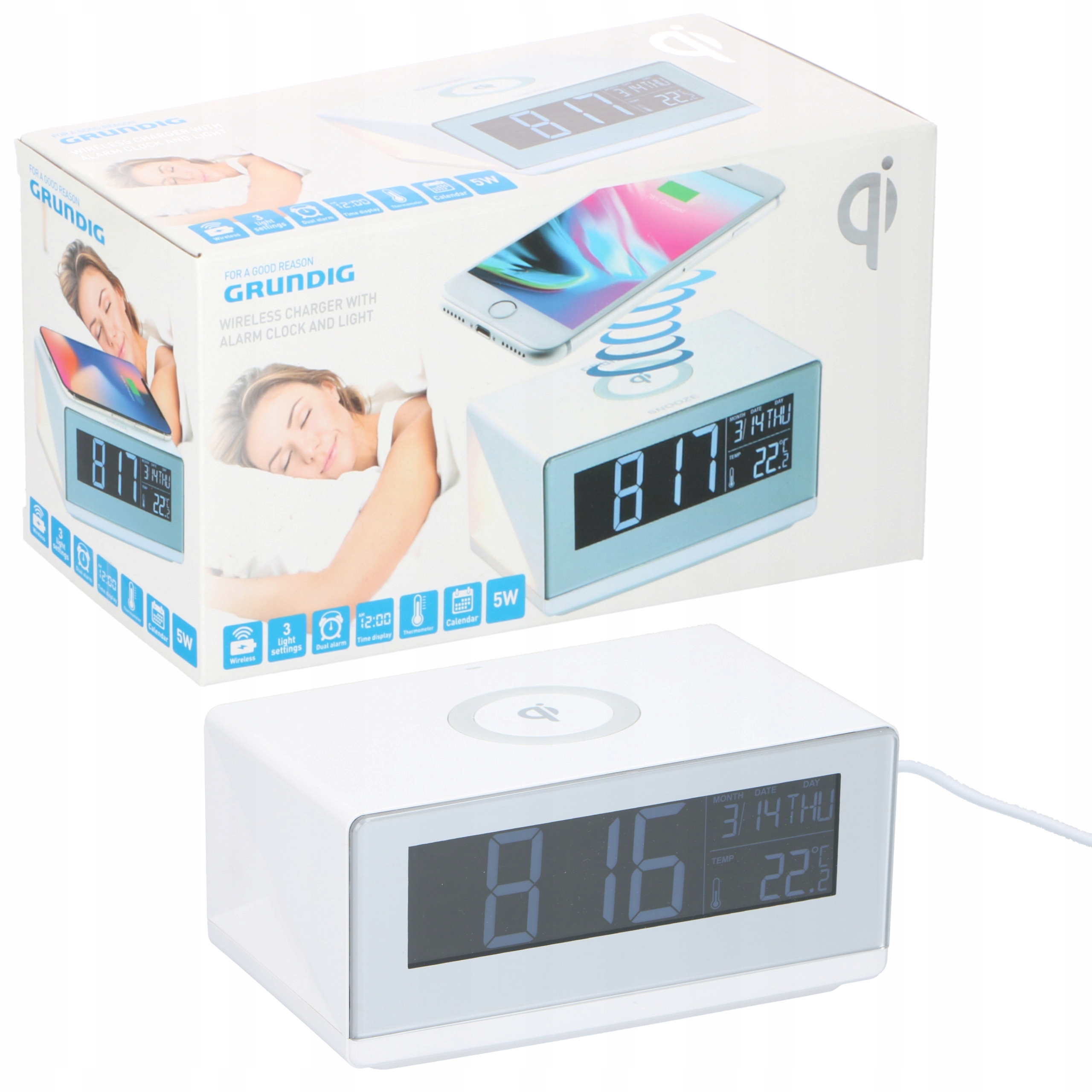 Ładowarka indukcyjna do telefonu zegar budzik termometr data Grundig 5w1