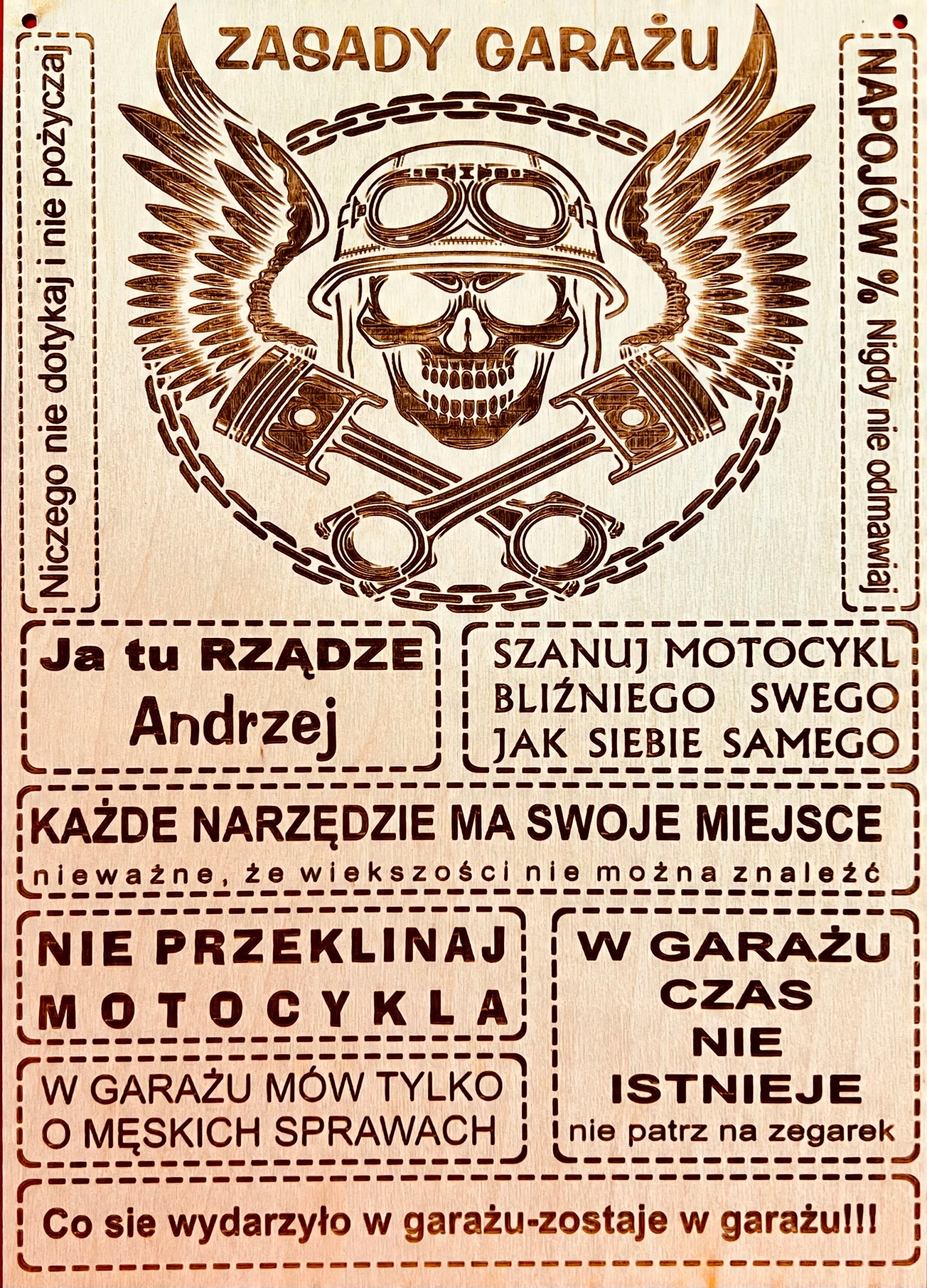 

Zasady Garażu Tablica drewniana Grawer Laser