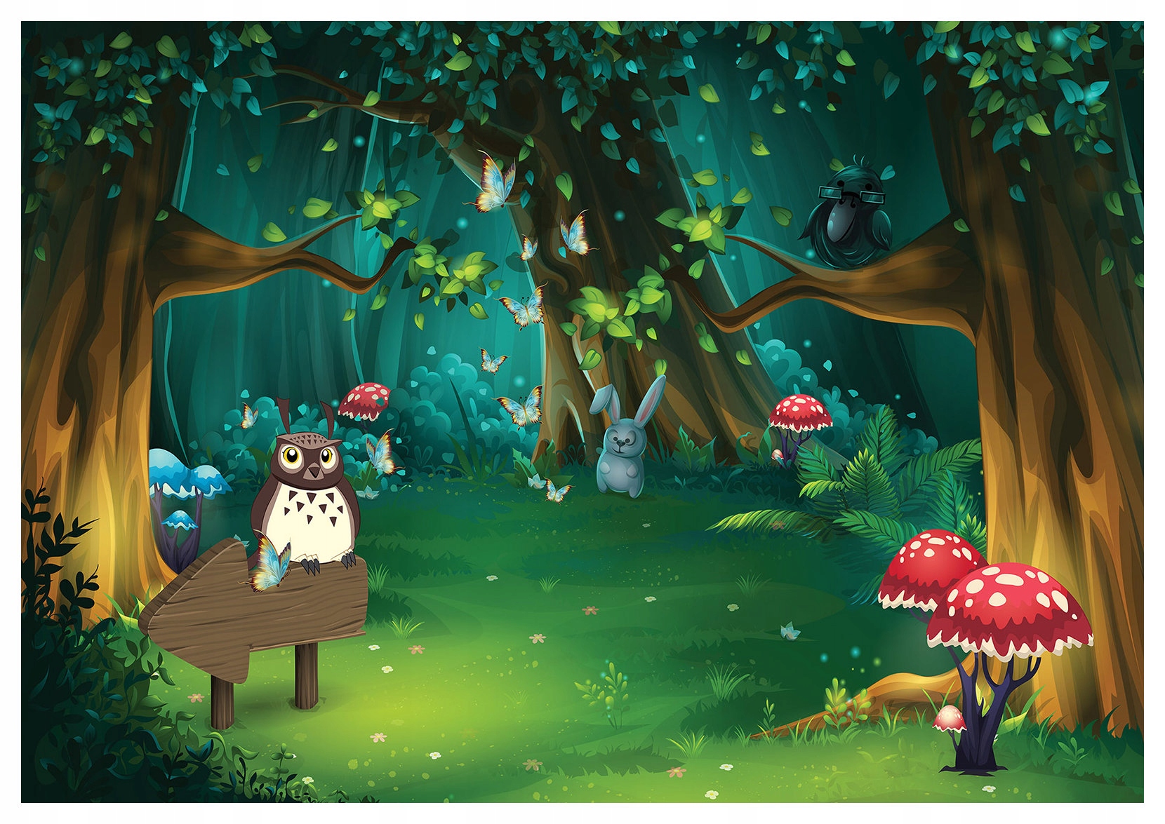 Fototapeta Les Stromy Sova Houby Králík Zeleň Květiny 208x146 lepidlo