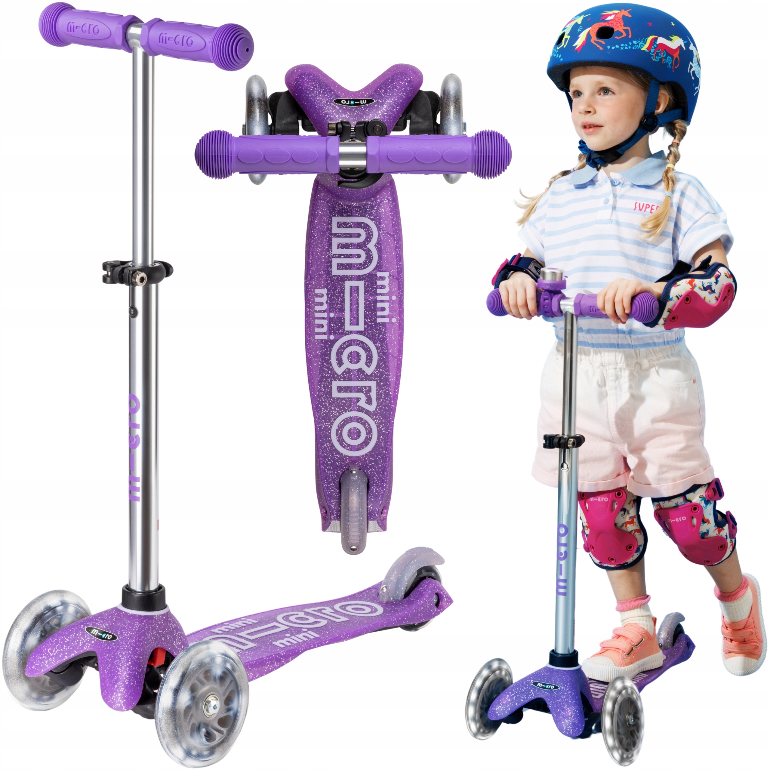 Hulajnoga Trójkołowa dla Dzieci Micro Deluxe Glitter z Kołami Led Fioletowa