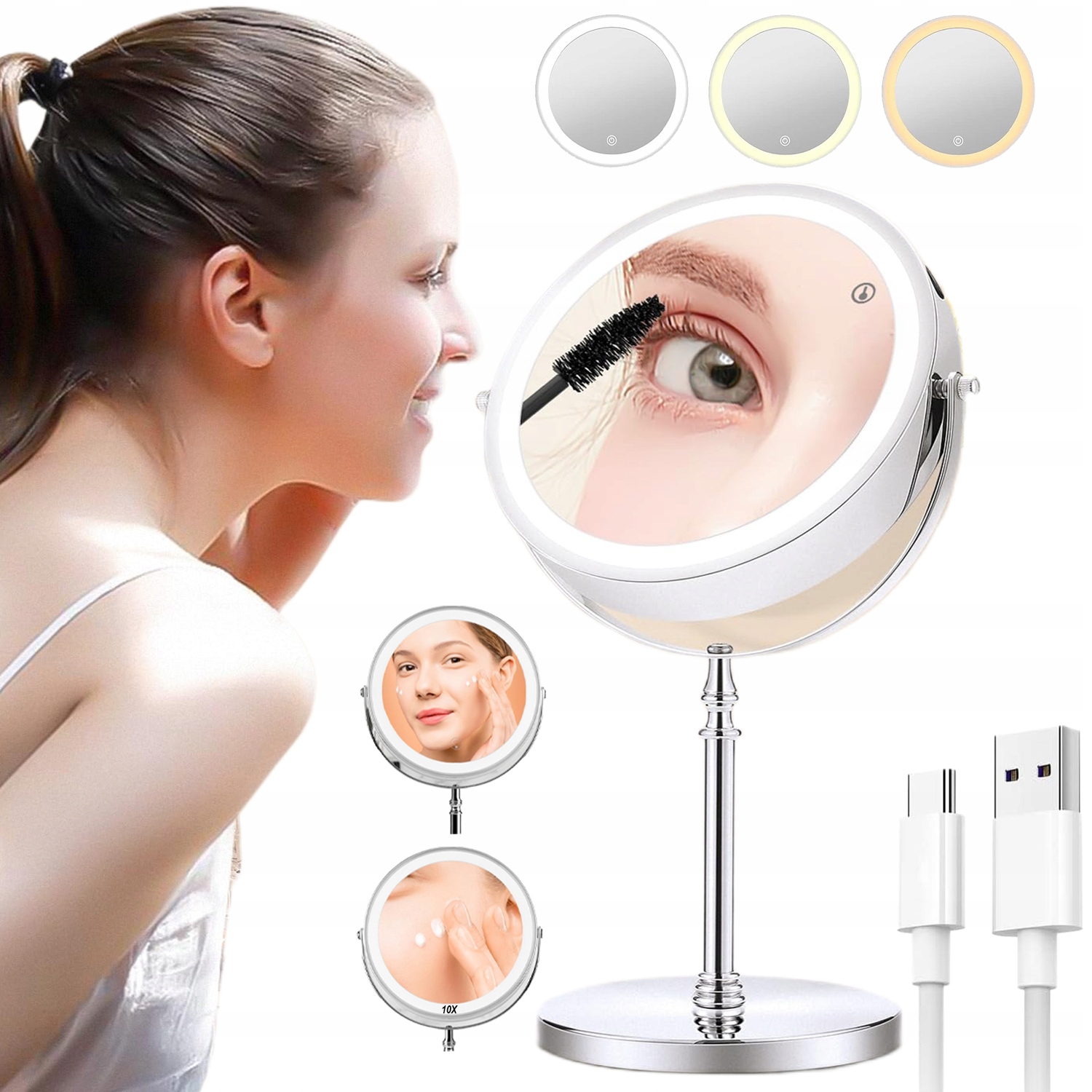 Kosmetické Zrcátko Led Podsvícené Otočné 360 Zvětšovací 10X 3 Kol