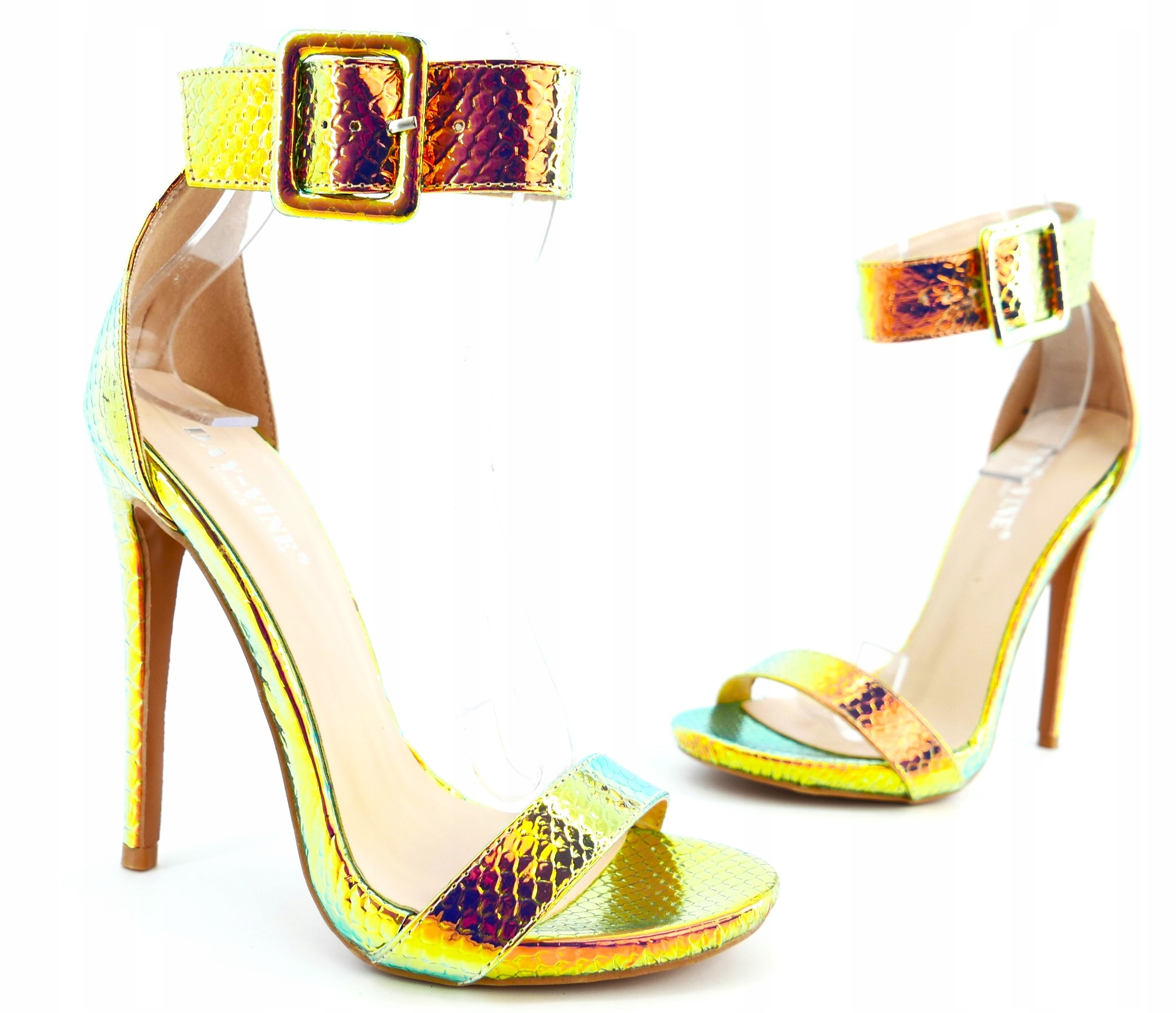 SANDAŁY DAMSKIE NA SZPILCE OPALIZUJĄCE ZŁOTE R38 Długość wkładki 24.5 cm