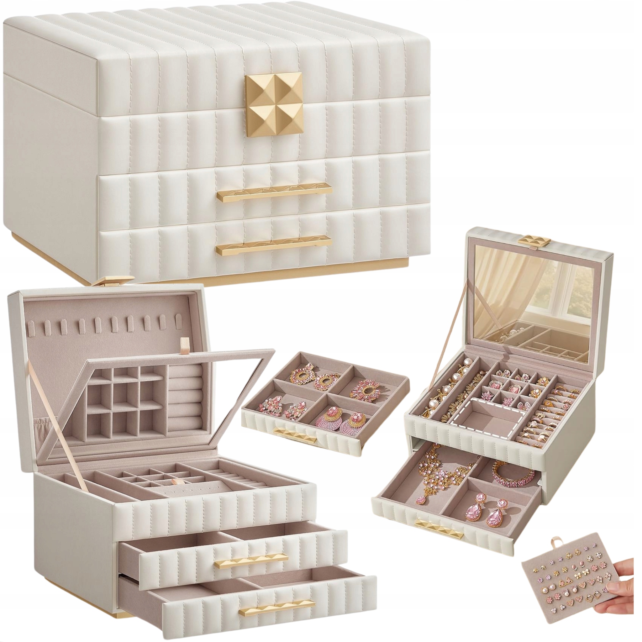 Bílá šperkovnice na bižuterii, organizér se zrcadlem, 2 zásuvky, vyjímatelné tácky