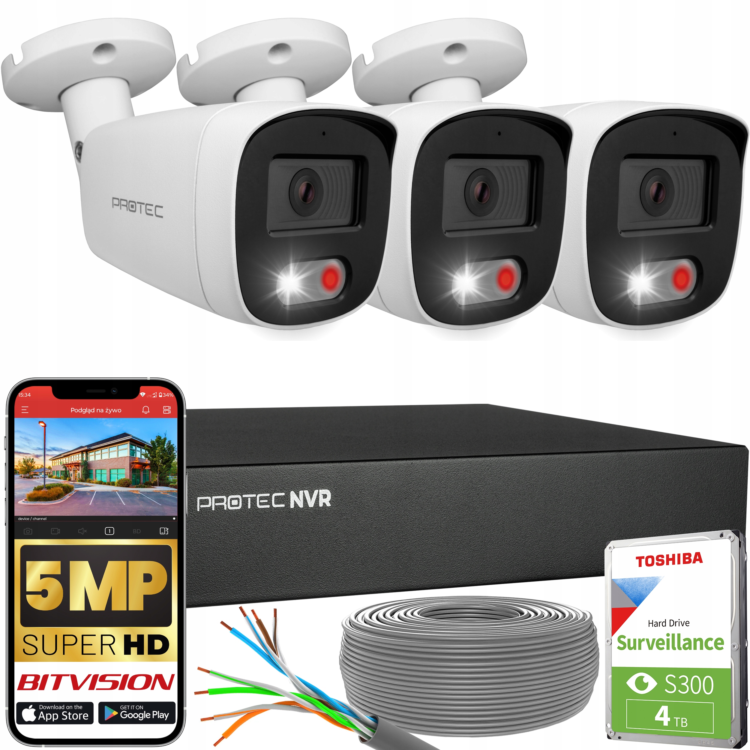 Sada pro monitorování 3 kamer Ip PoE Full color detekce lidí 5Mpx Hdd 4TB