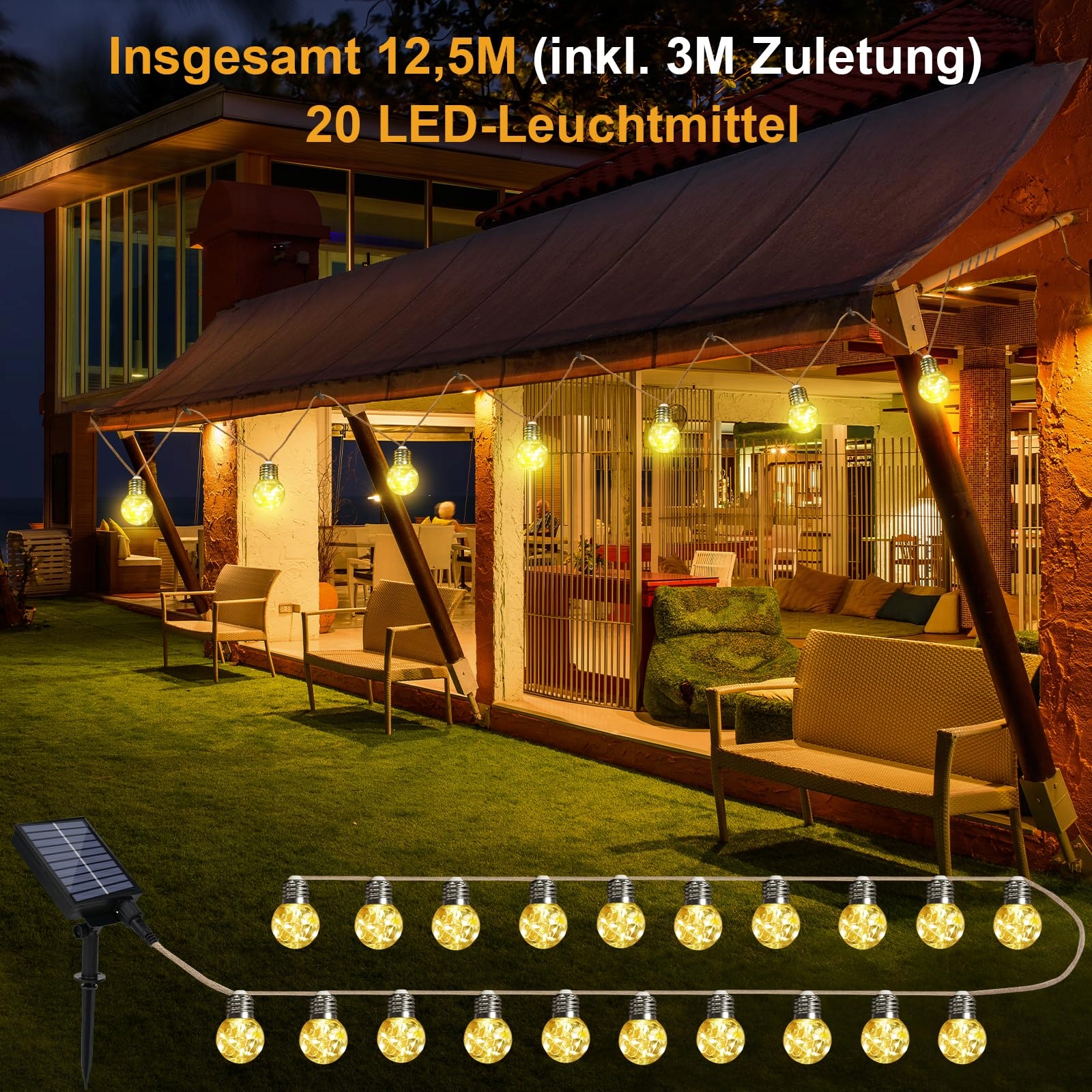 GOFFII Girlanda Solarna Zewnętrzna 20 Żarówek G40 12.5M Ogród Balkon — miniatura 5