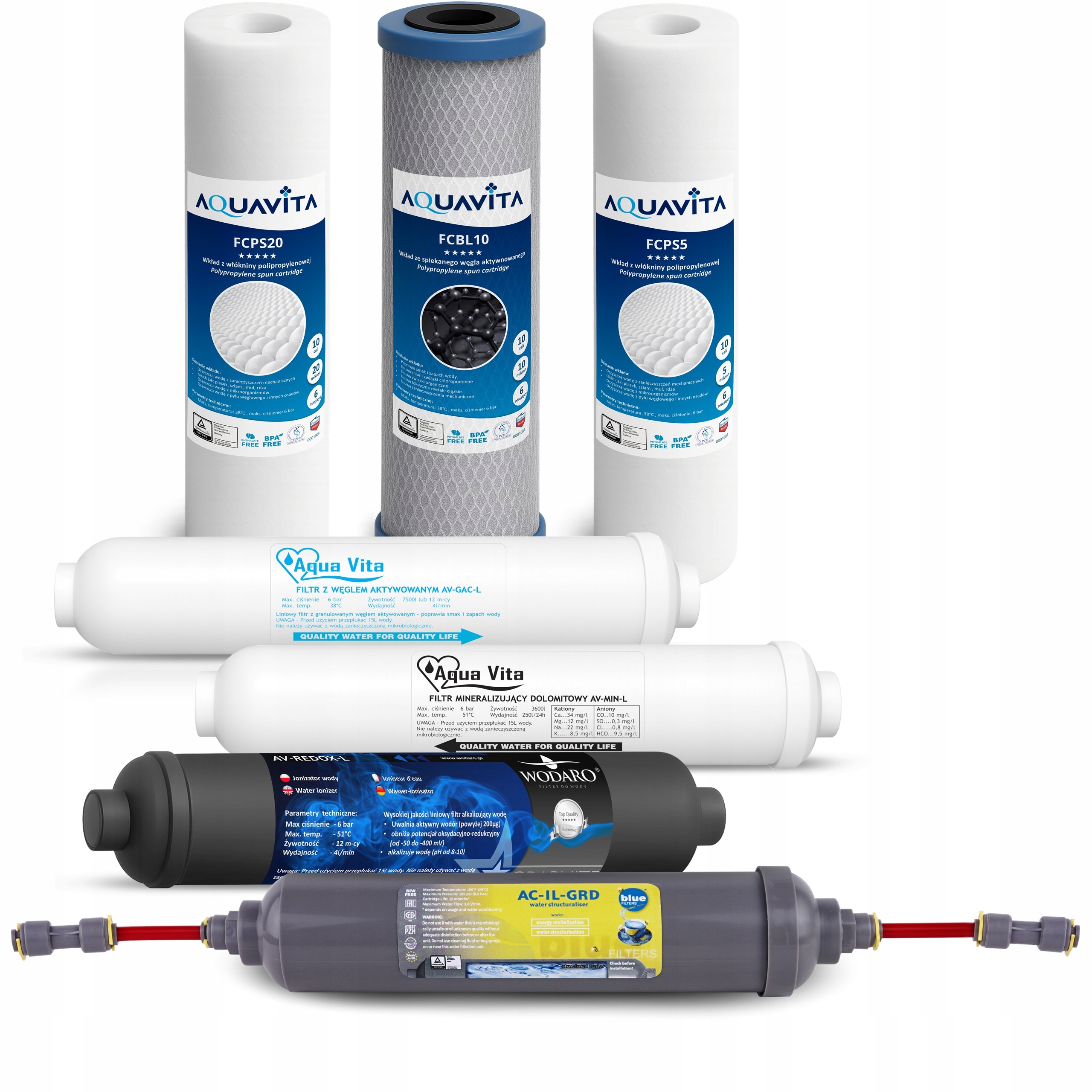 Komplet wkładów do filtra wody osmoza RO8 Aquavita Av-gac Av-min Av-redox
