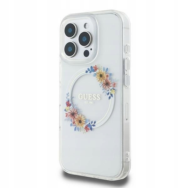 Etui Guess IML Flowers Wreath MagSafe na iPhone 16 Pro przezroczyste Guess