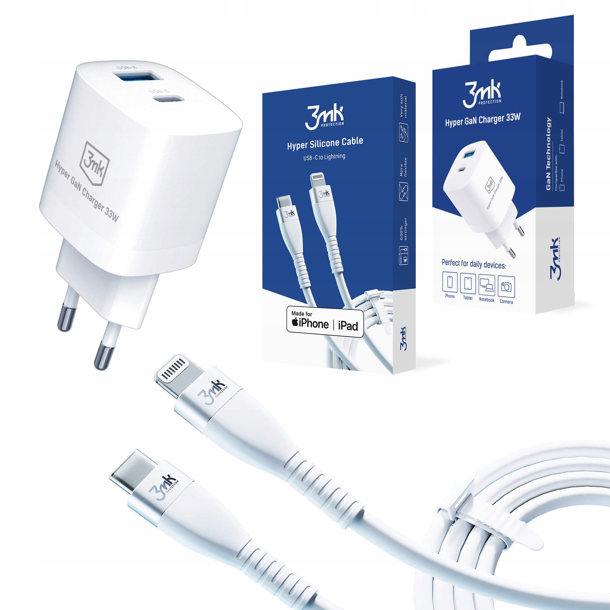 

Ładowarka sieciowa 3mk GaN Kabel Usb-c Lightning