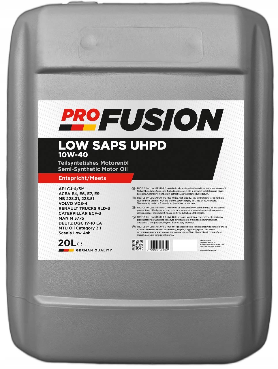 OLEJ SILNIKOWY LOW SAPS UHPD, E4, E6, E7, E9, 20L