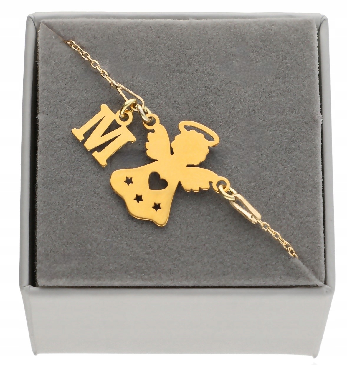 Zlatý náramek s andělem Libovolné Písmenko Krabička Stříbro 925