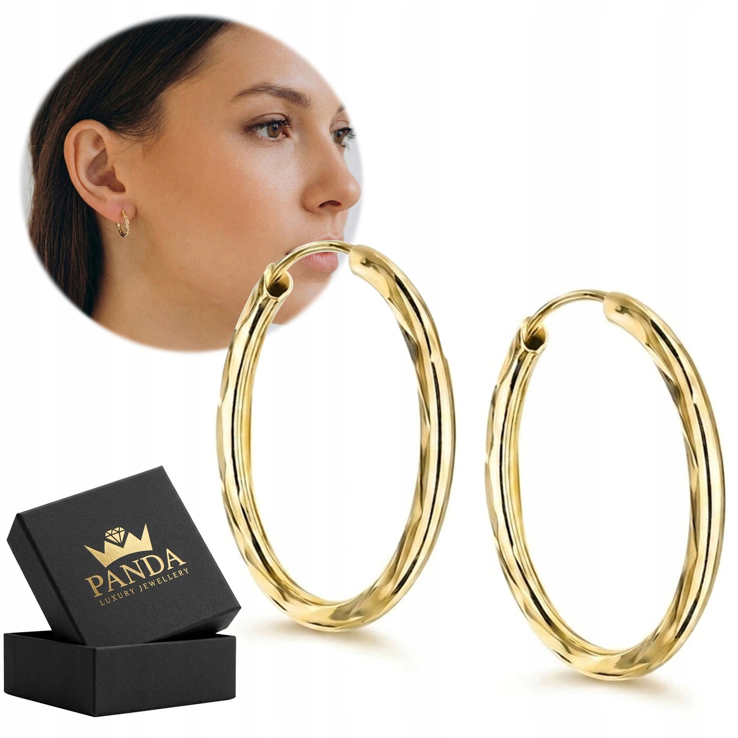 Zlaté Kruhové Náušnice Ryzost 585 Diamantované superlehké kroužky 18 mm Dárek