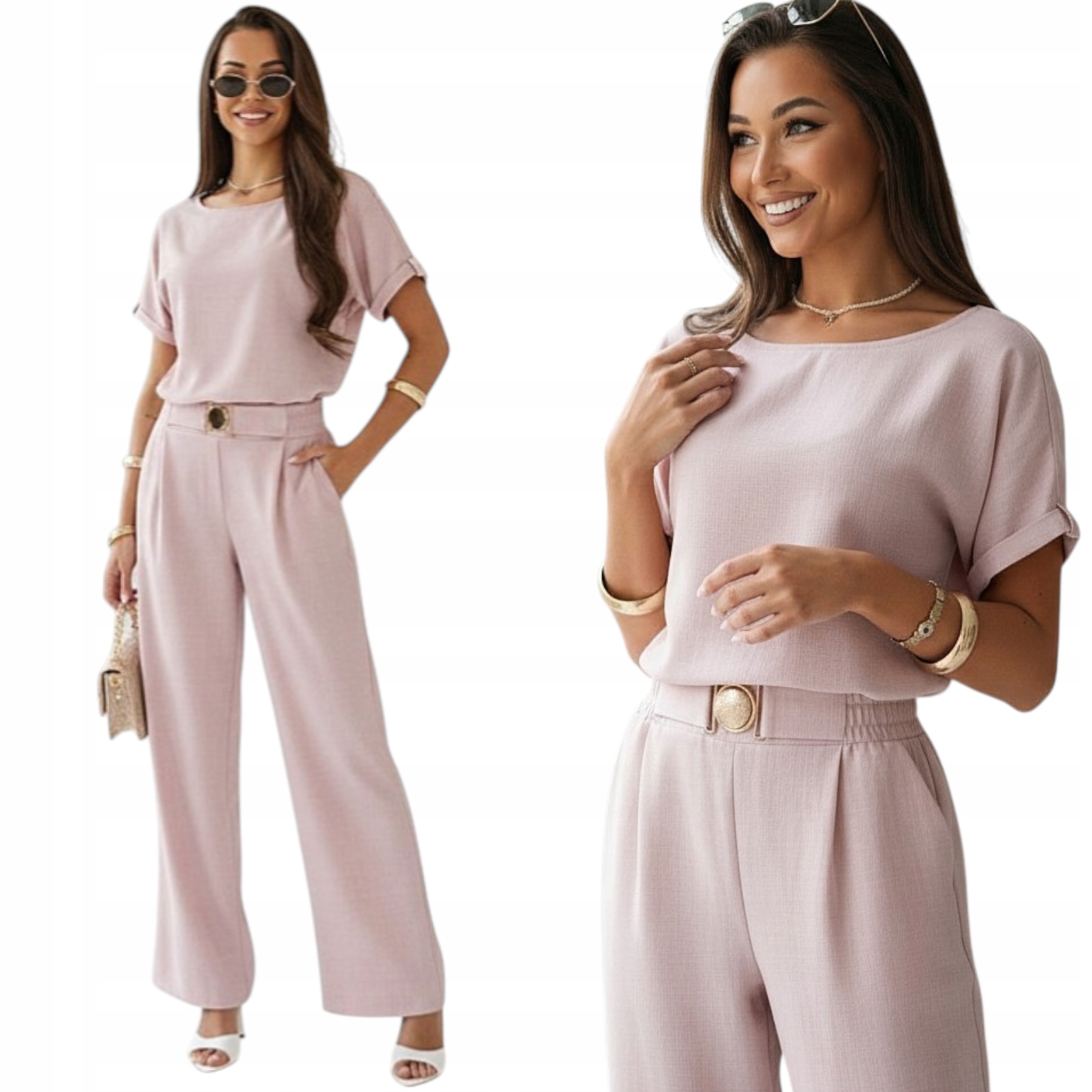 komplet damski Bluzka Spodnie Pasek Klamra Polska produkcja Róż L