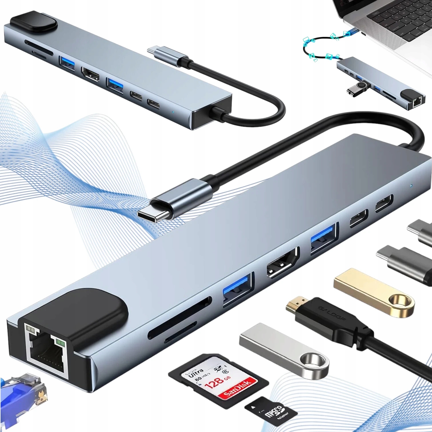 Hub Adapter Uniwersalny Rozdzielacz Usb-c 8w1 Czytnik Sd Usb 3.0 Audio