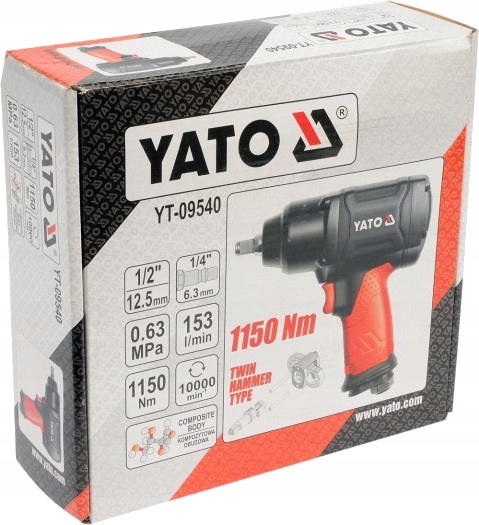 YATO YT-09540 KLUCZ PNEUMATYCZNY TWIN HAMMER 1150NM 1/2"DURALUMINIUM Zasilanie pneumatyczne