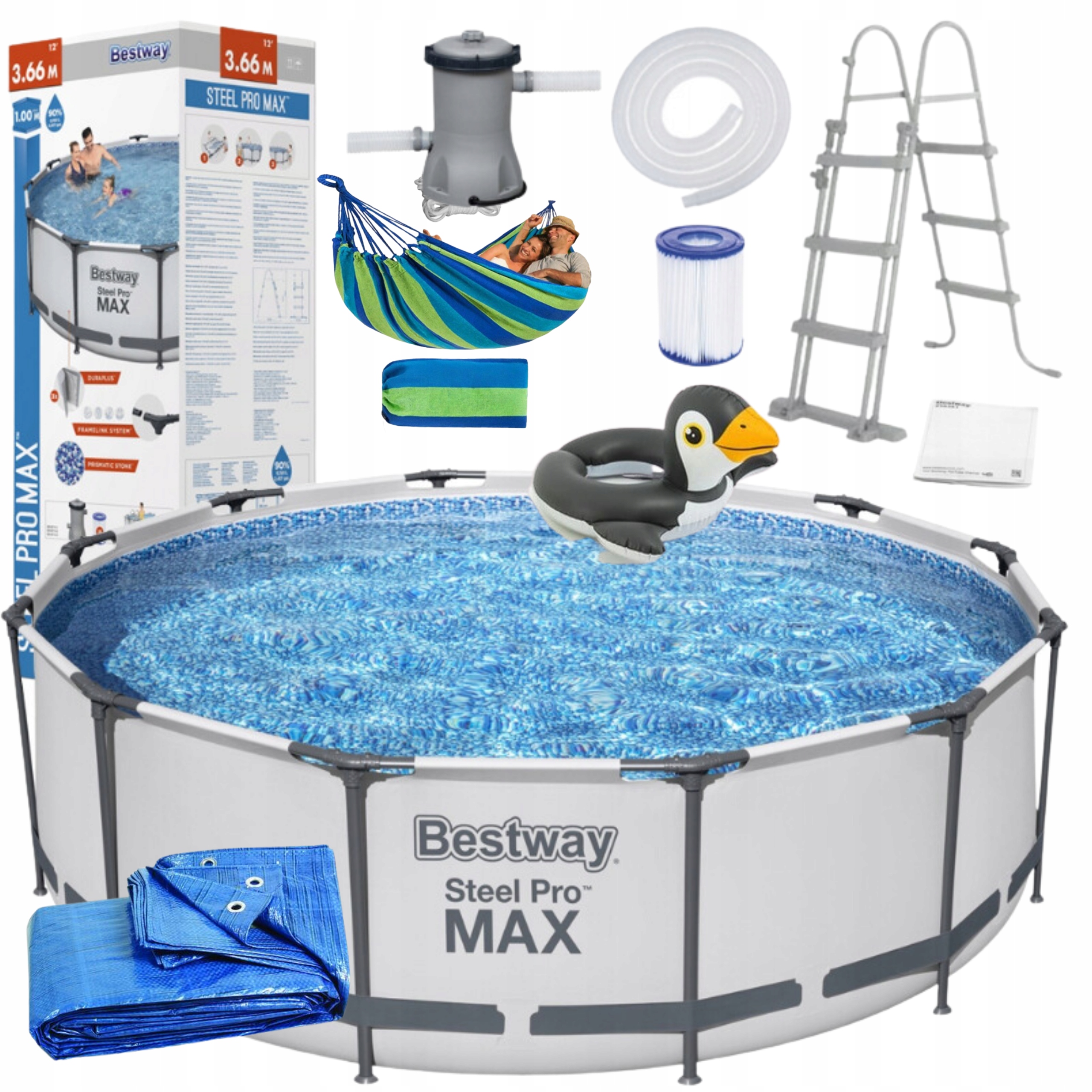 Bazen Bestway 366X100 Veľký Záhradný Rošt 14v1 Čerpadlo filter Rebrík Podložka