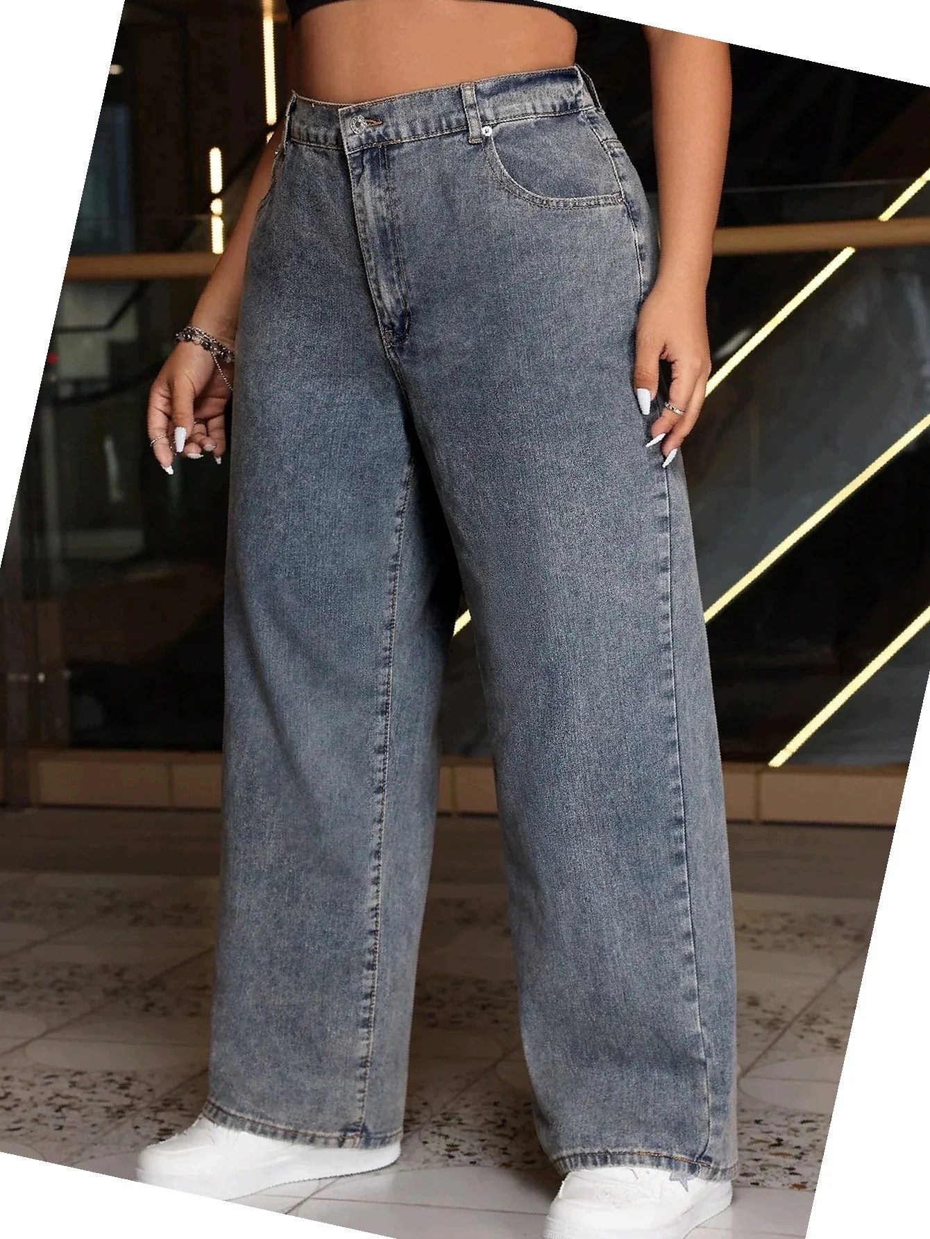Džíny Oversize s vysokým pasem Casual Modré Dámské 48