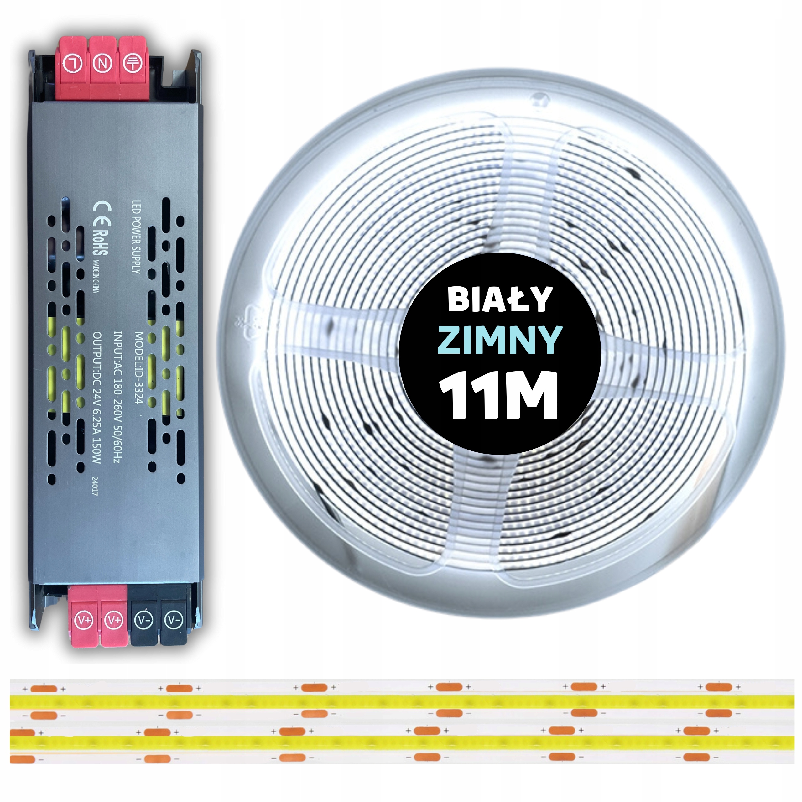 Set 11M Led Cob pásik 480 diód 6000K studená biela 24V 10W s napájacím zdrojom
