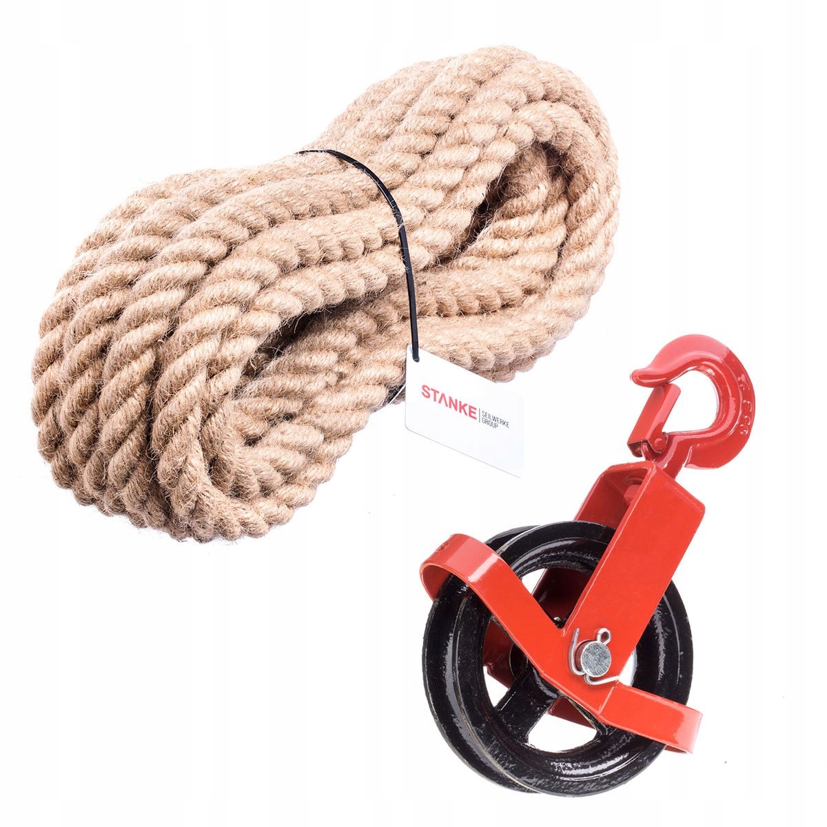 Zblocze hakowe 150mm z liną jutową 20mx8mm