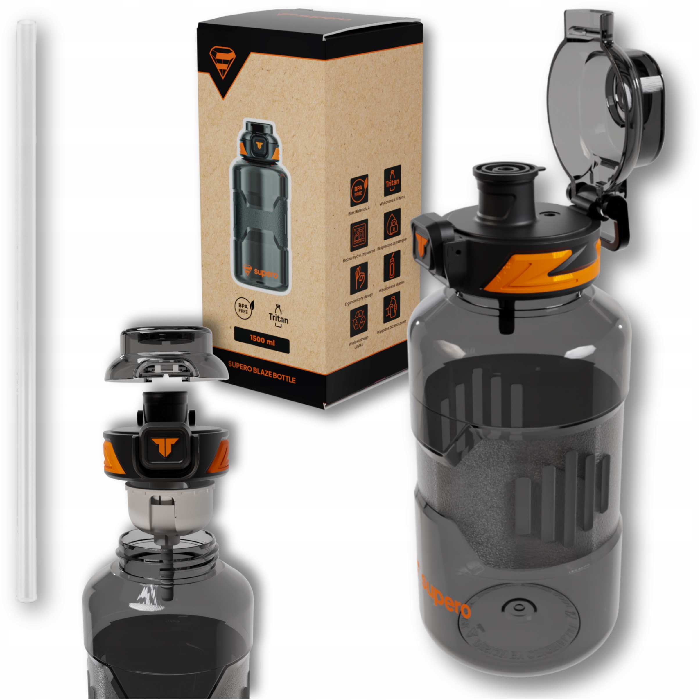 Bidon Na Wode 1500ML Z Rurką Sportowy Z Miarka Motywacyjna Duzy Bpa Free