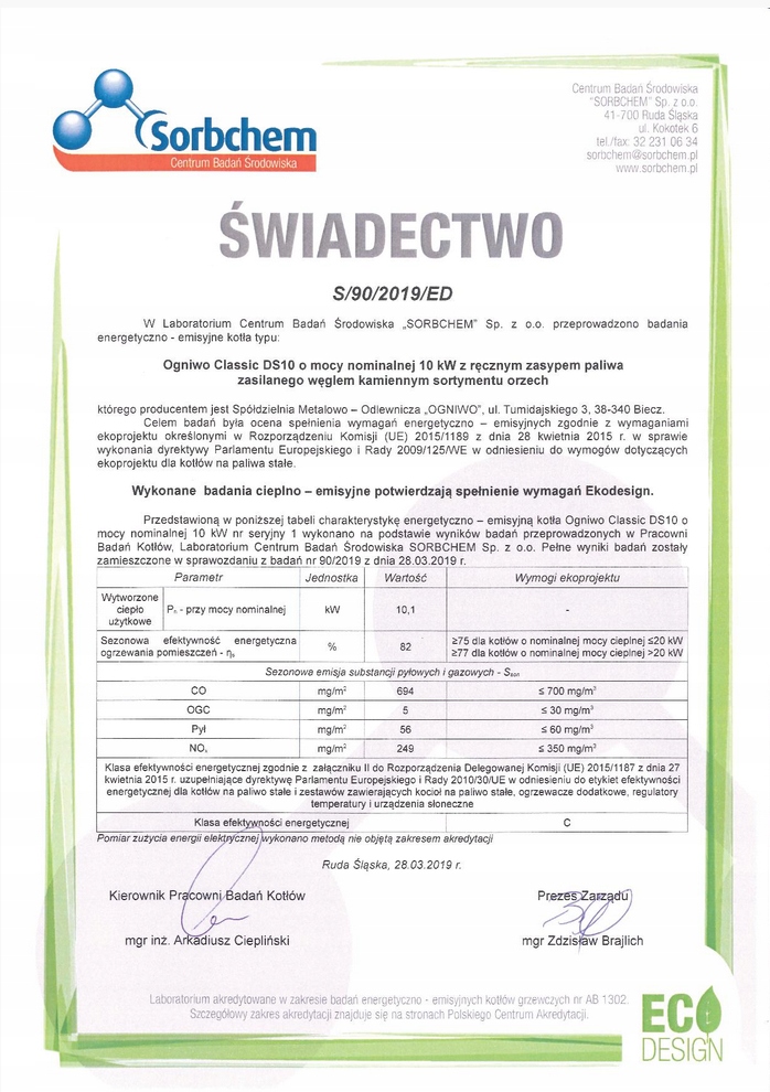 Kocioł, piec OGNIWO Classic DS 10 kW - 5 klasa ED Materiał stalowy