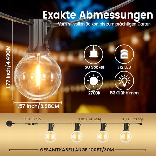 LONIUTO LED Girlanda 30M 52 Żarówki G40 E12 IP45 Ciepła Biała — miniatura 4