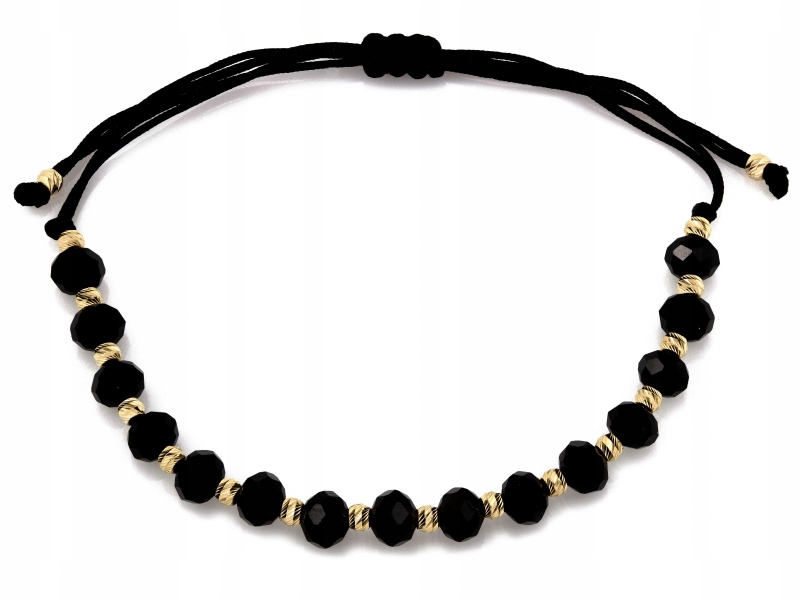 Šňůrkový náramek s černým zirkonem a zlatými korálky 585 cm, délka 19 Cm