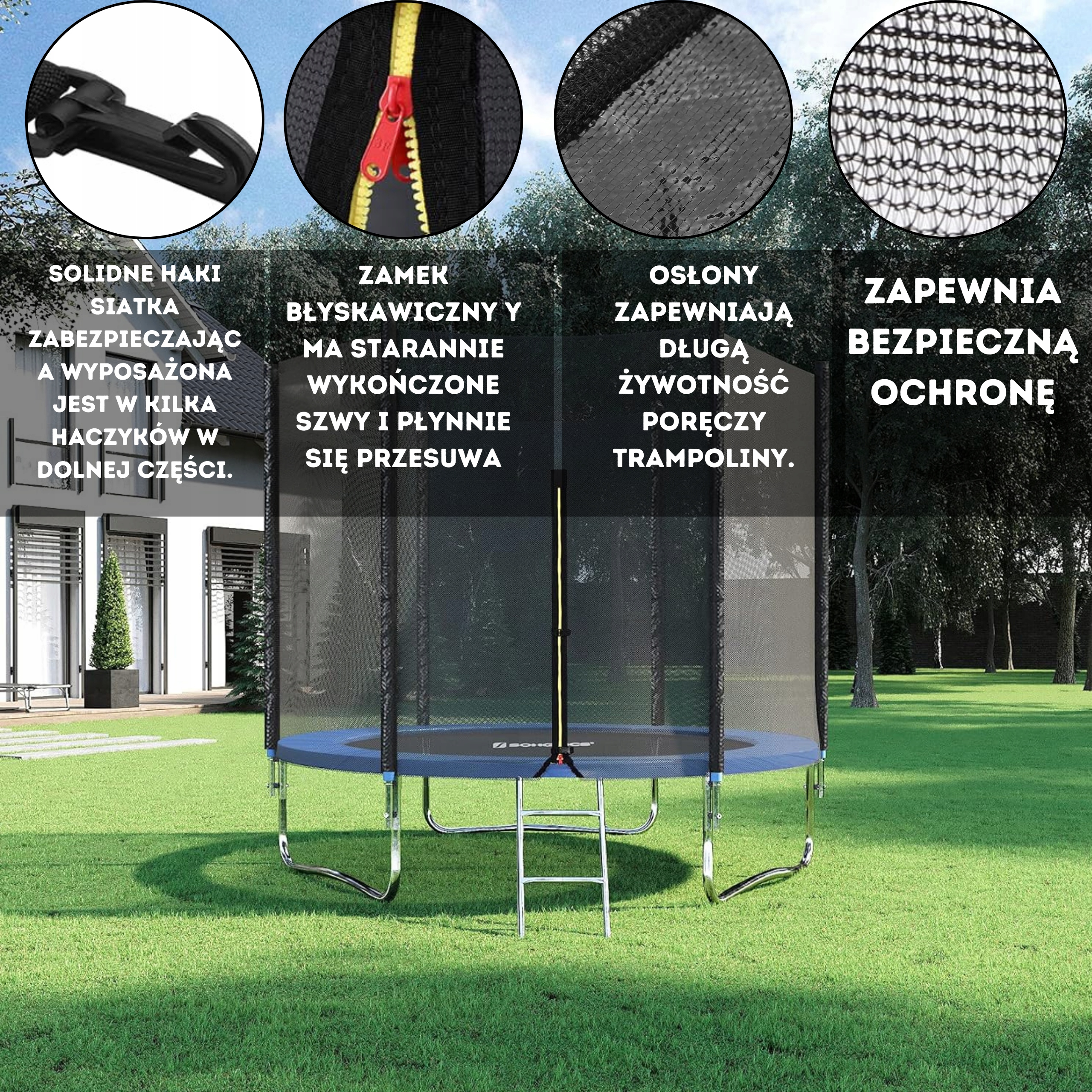 ZEWNĘTRZNA SIATKA DO TRAMPOLINY MOCNA OCHRONNA UNIWERSALNA 180cm 244cm 6sł Marka inna
