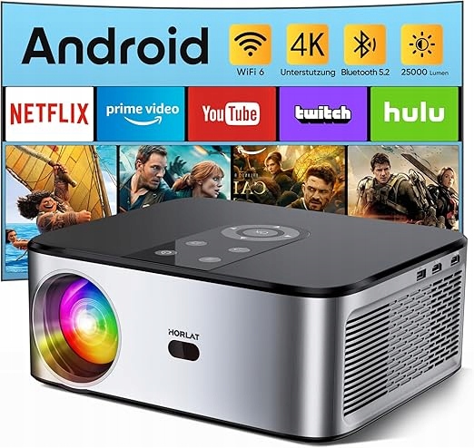 Projektor HORLAT 5G 4K,FULL HD16000 lumenów,kompatybilny z iOS Android 300"