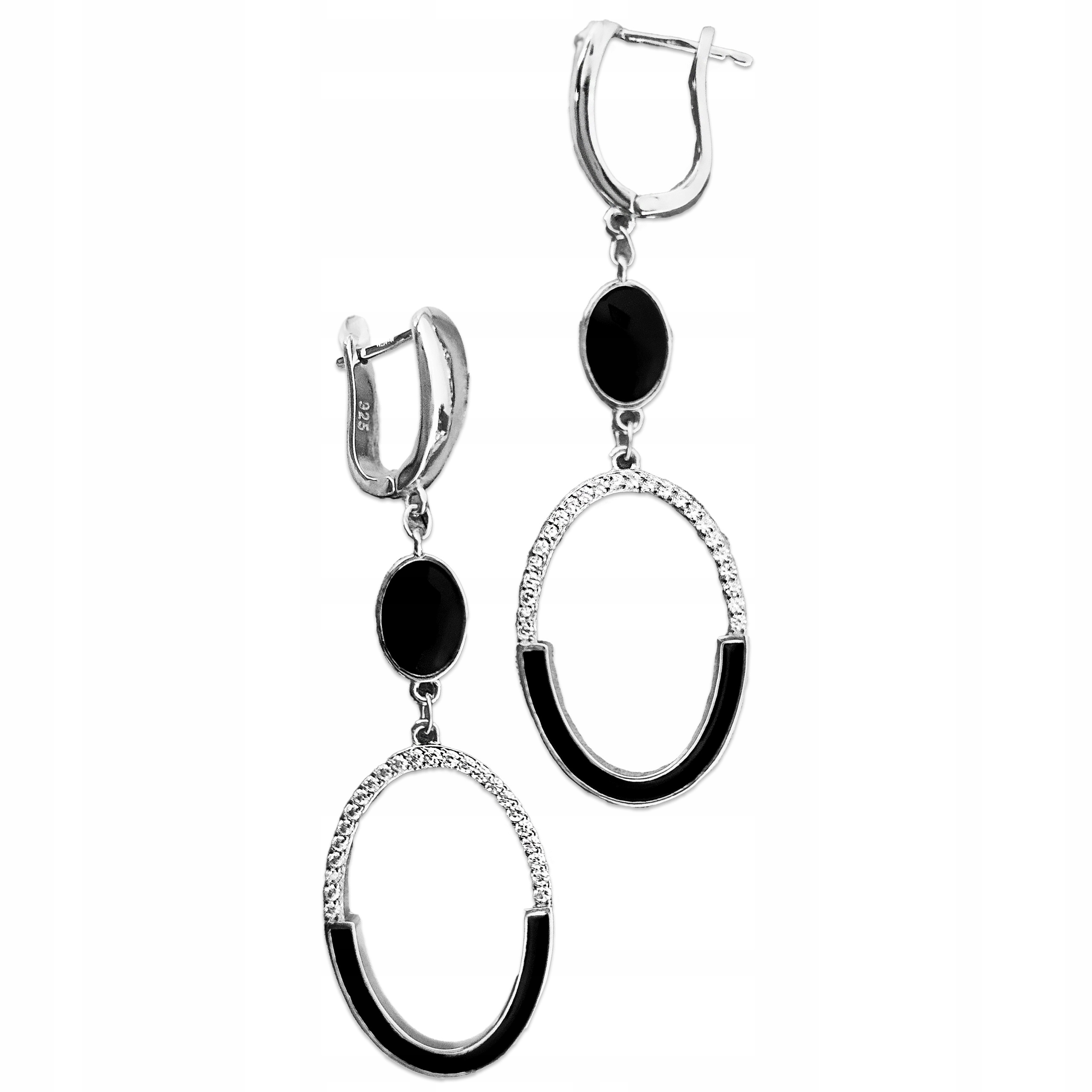 Stříbrné náušnice 925, závěsné, oválně zdobené černým smaltem a zirkony