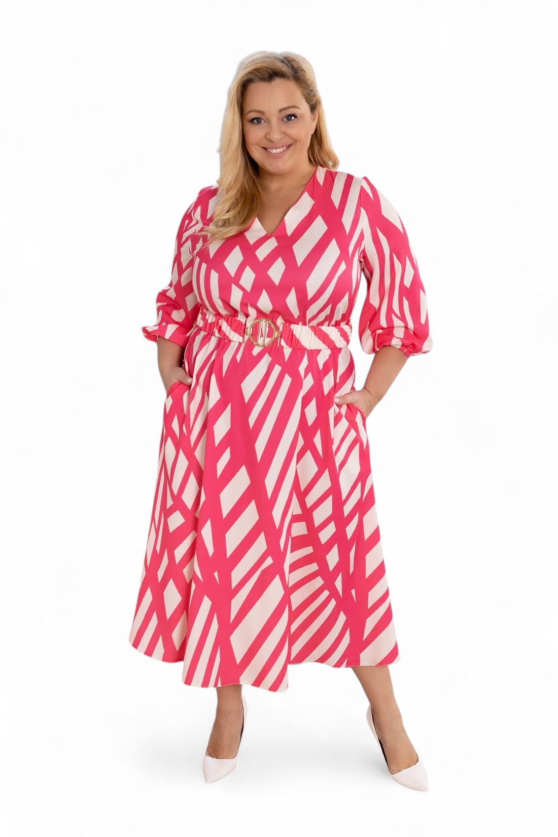 Elegantní šaty s kapsami 7/8 plus size velikost 44 růžová