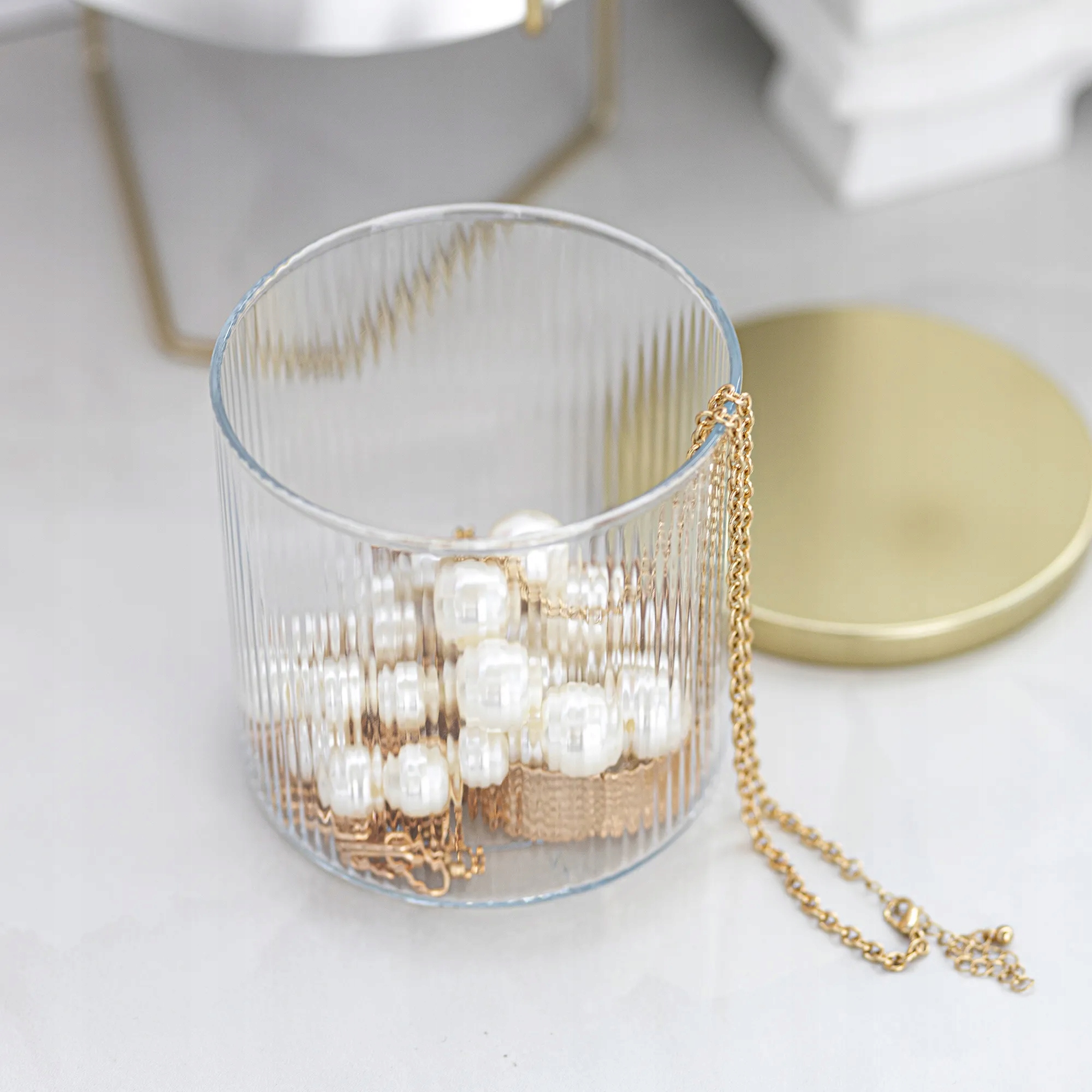 SZKLANE Pojemniki Ze Złotymi Pokrywkami PRĄŻKOWANE Zestaw 3x H10 cm Marka Trend For Home