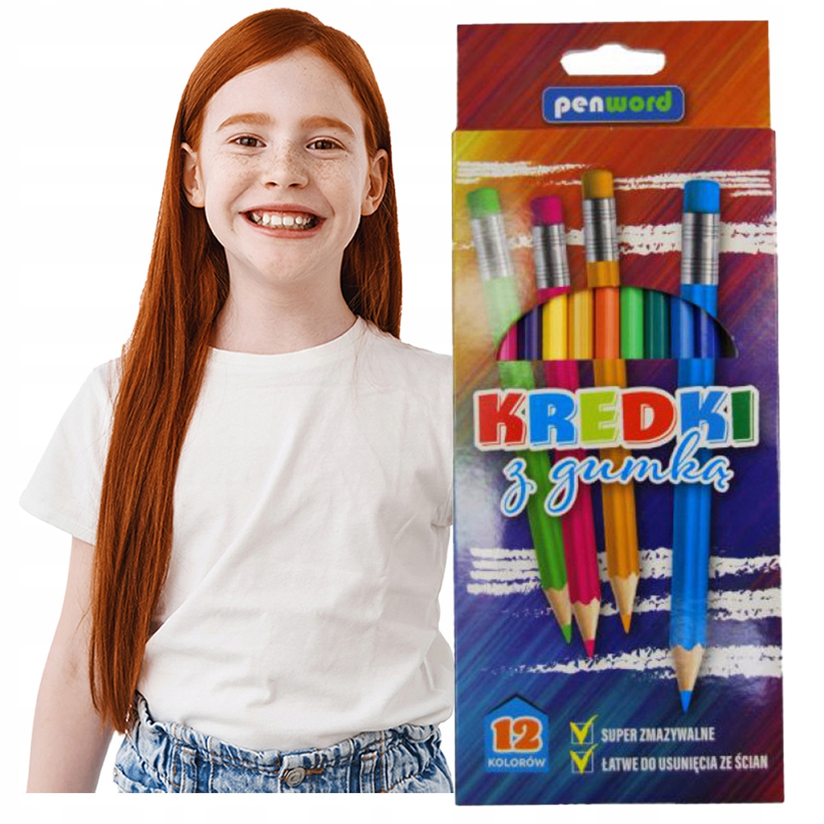 

Ołówkowe Kredki z Gumka 12kolorów Dobrej Jakości