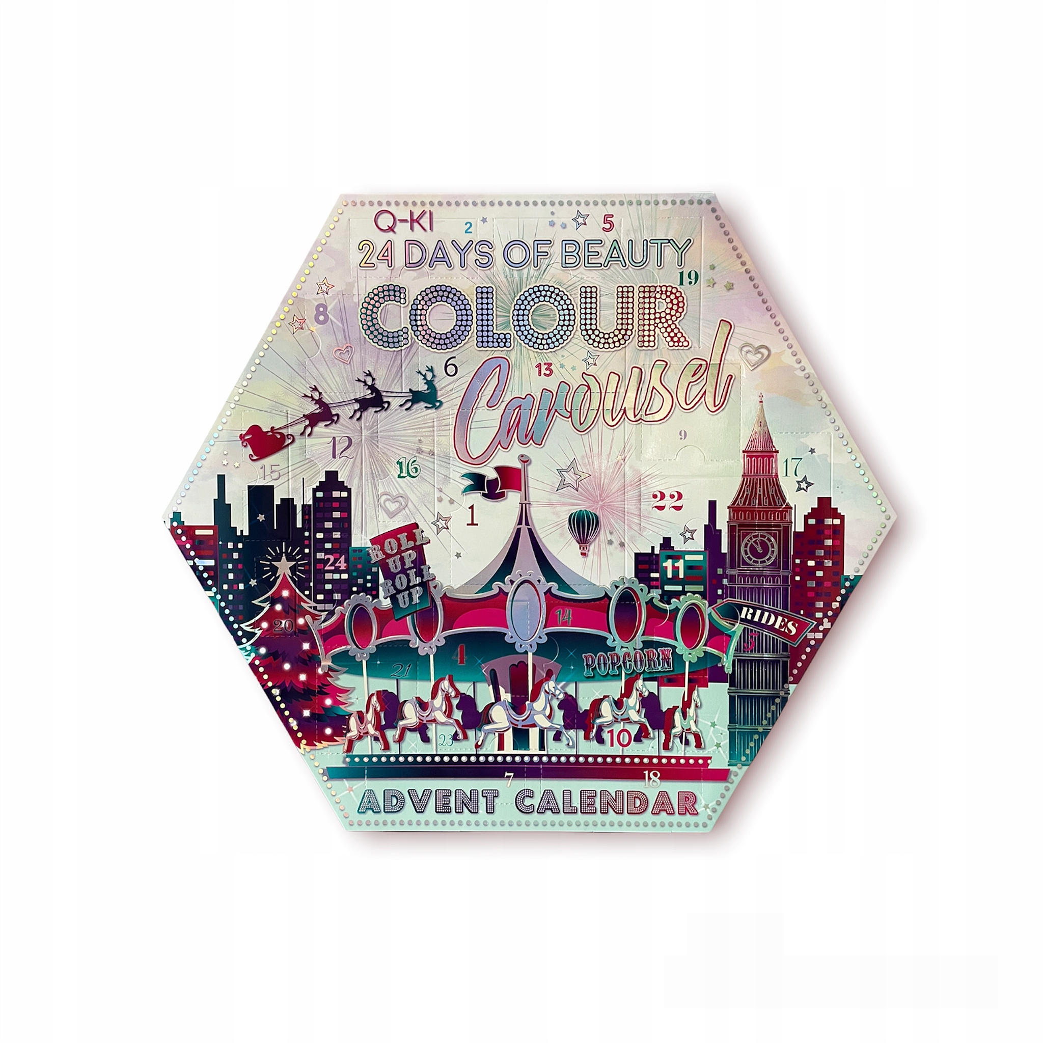 Адвент-календарь Q-ki Colour Carousel, 24 окошка: палетки теней, румяна, тушь, лаки для ногтей — фото 2