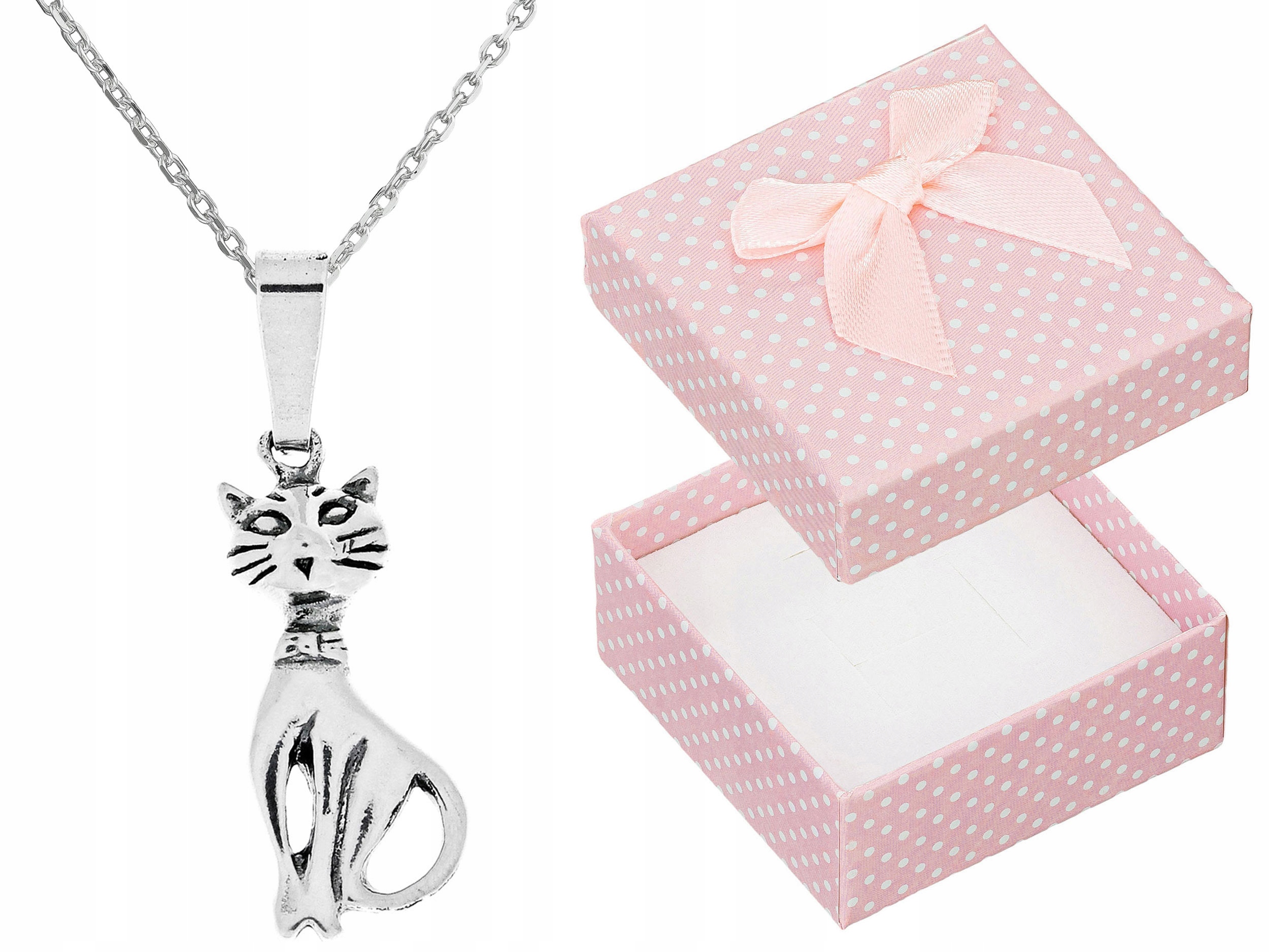 Dlouhý Stříbrný Oxidovaný Dámský Náhrdelník s Kočkou Kotětem Kočka Stříbro 80 cm