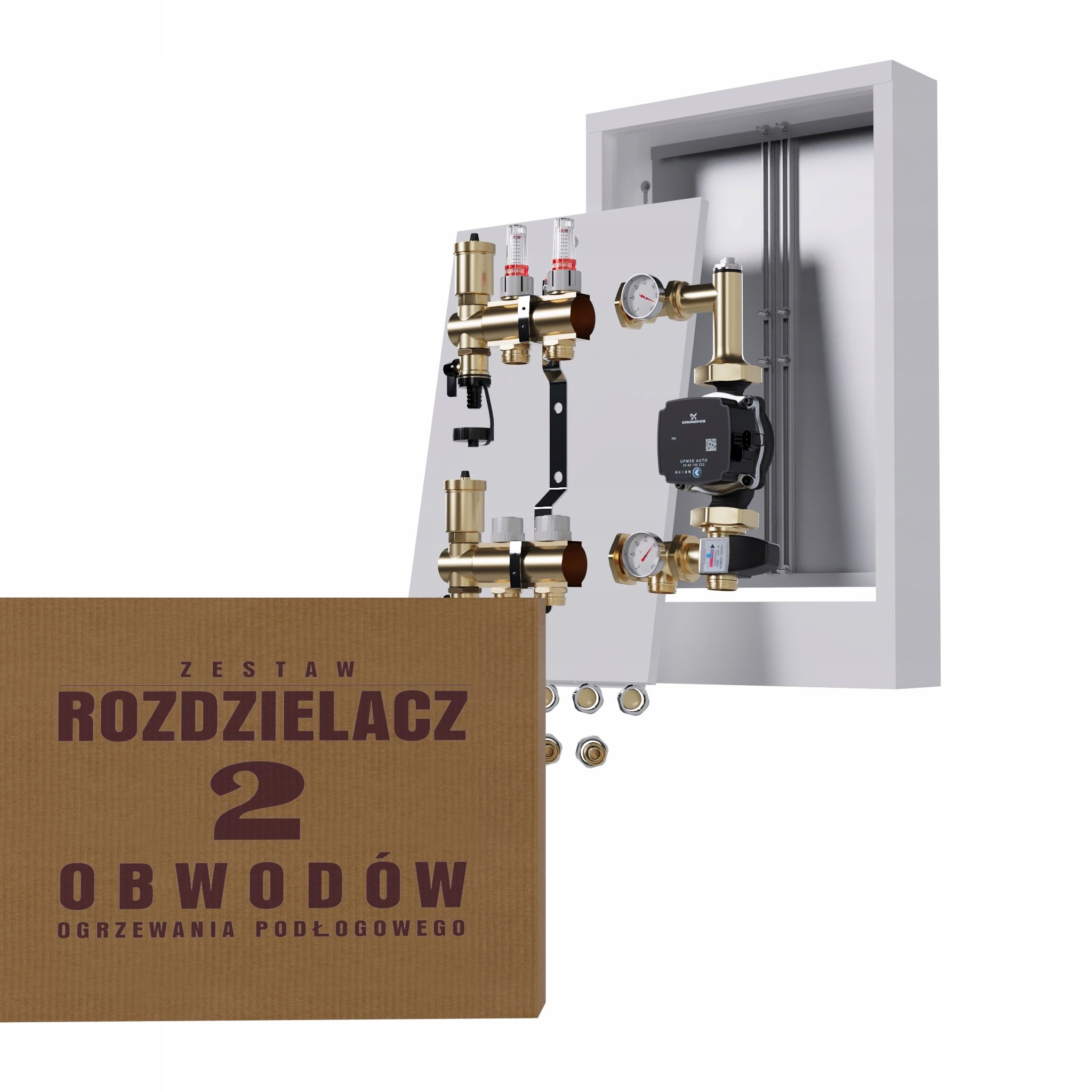 Rozdělovač pro podlahu 2 sekce s čerpadlem GRUNDFOS+nástěnná skříňka+PEX