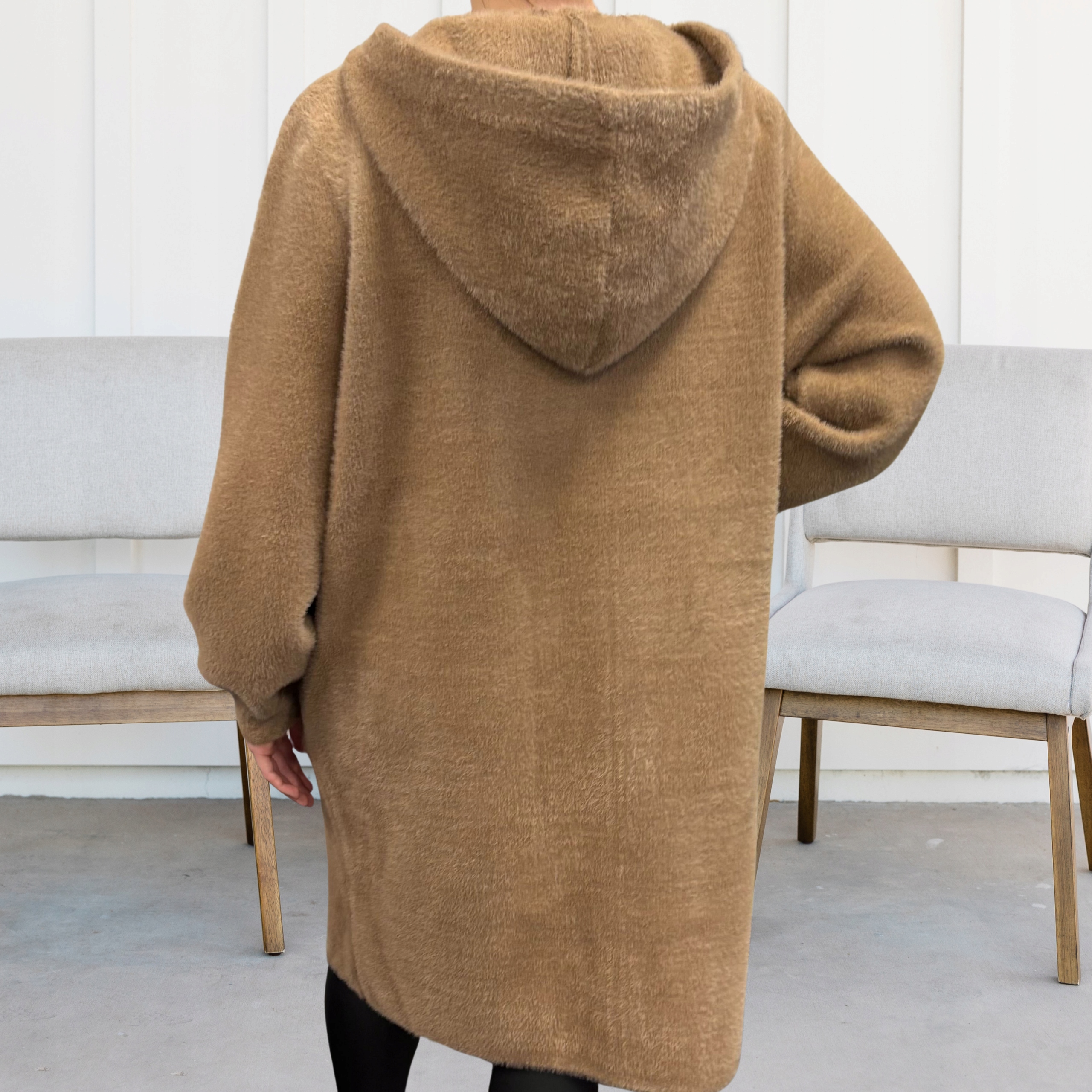 ALPAKA DAMSKA PŁASZCZ KURTKA SWETER CIEPŁA DŁUGA KAPTUR CIEMNY KARMEL 2186 Model 2186